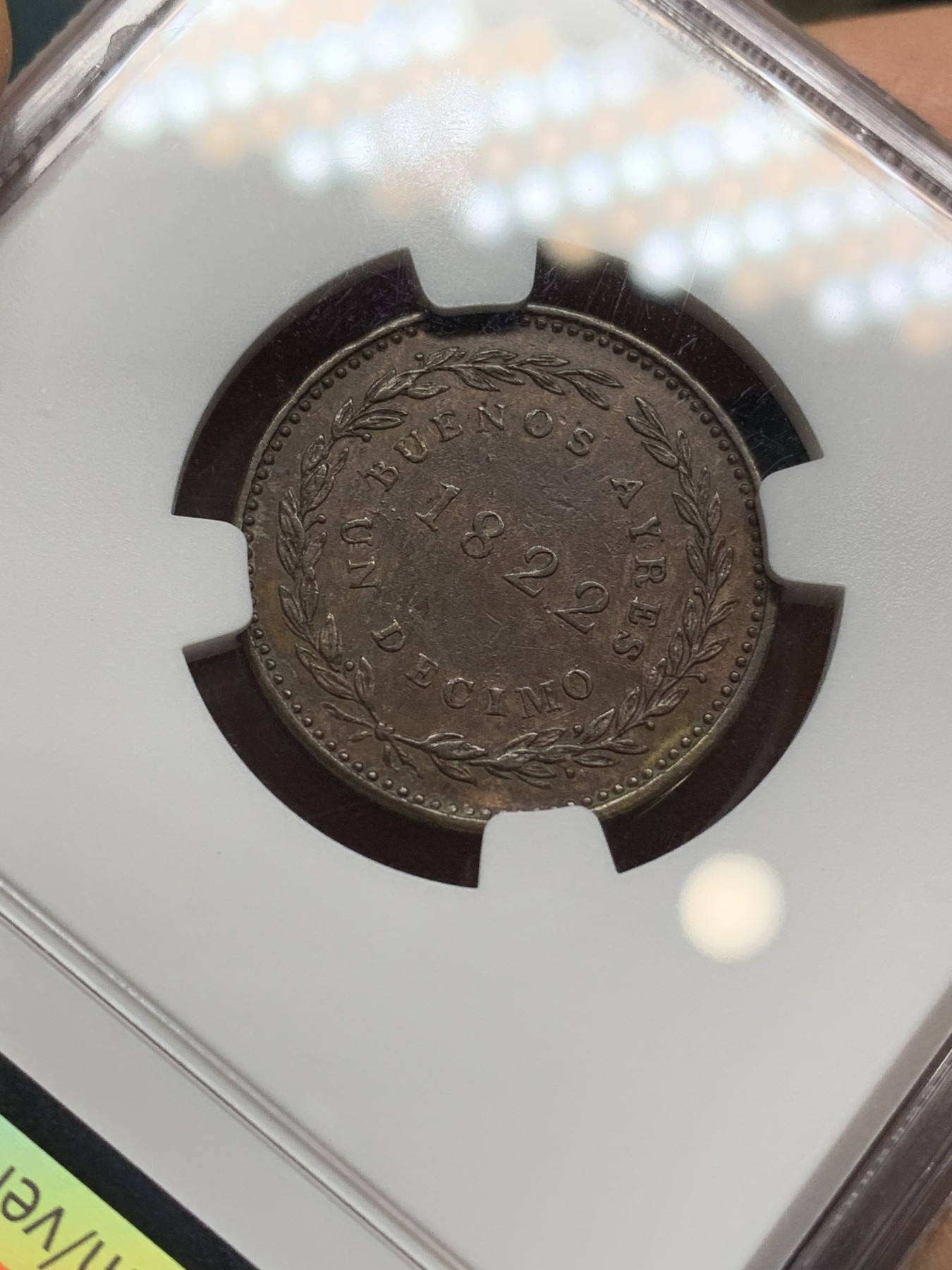 《竞宝斋》第222场-周日，周一 2场 (全场包邮) NGC-AU55BN 阿根廷1822年布宜诺斯艾利斯1D铜币，60分参考价160美元。早期阿根廷稀见