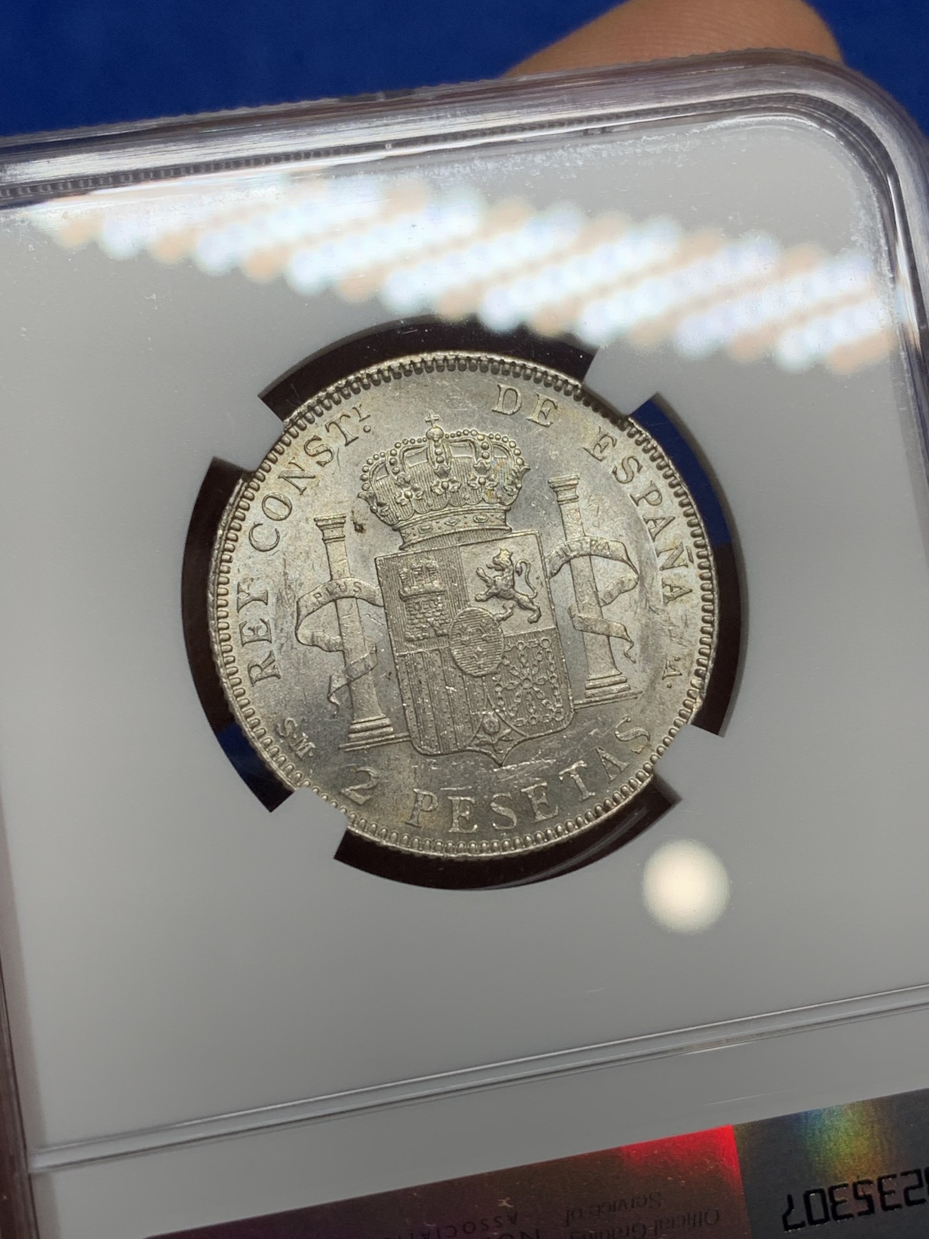 《竞宝斋》第222场-周日，周一 2场 (全场包邮) NGC-MS61 西班牙1905阿方索十三世2比塞塔银币