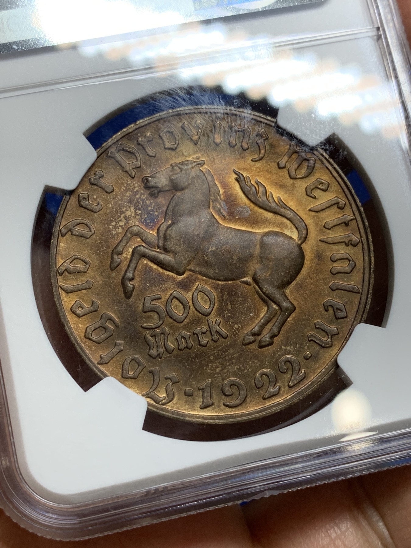 《竞宝斋》第222场-周日，周一 2场 (全场包邮) NGC MS62BN 德国威斯特伐利亚1922年500马克大马币铜币