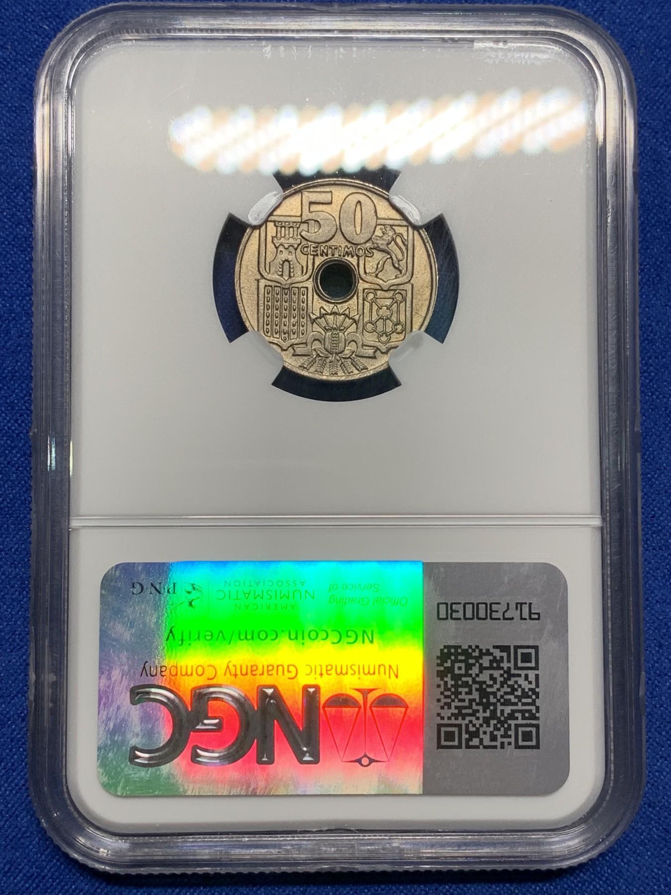 《竞宝斋》第222场-周日，周一 2场 (全场包邮) NGC MS66 西班牙 1949(51) 海锚 50分 高分少见