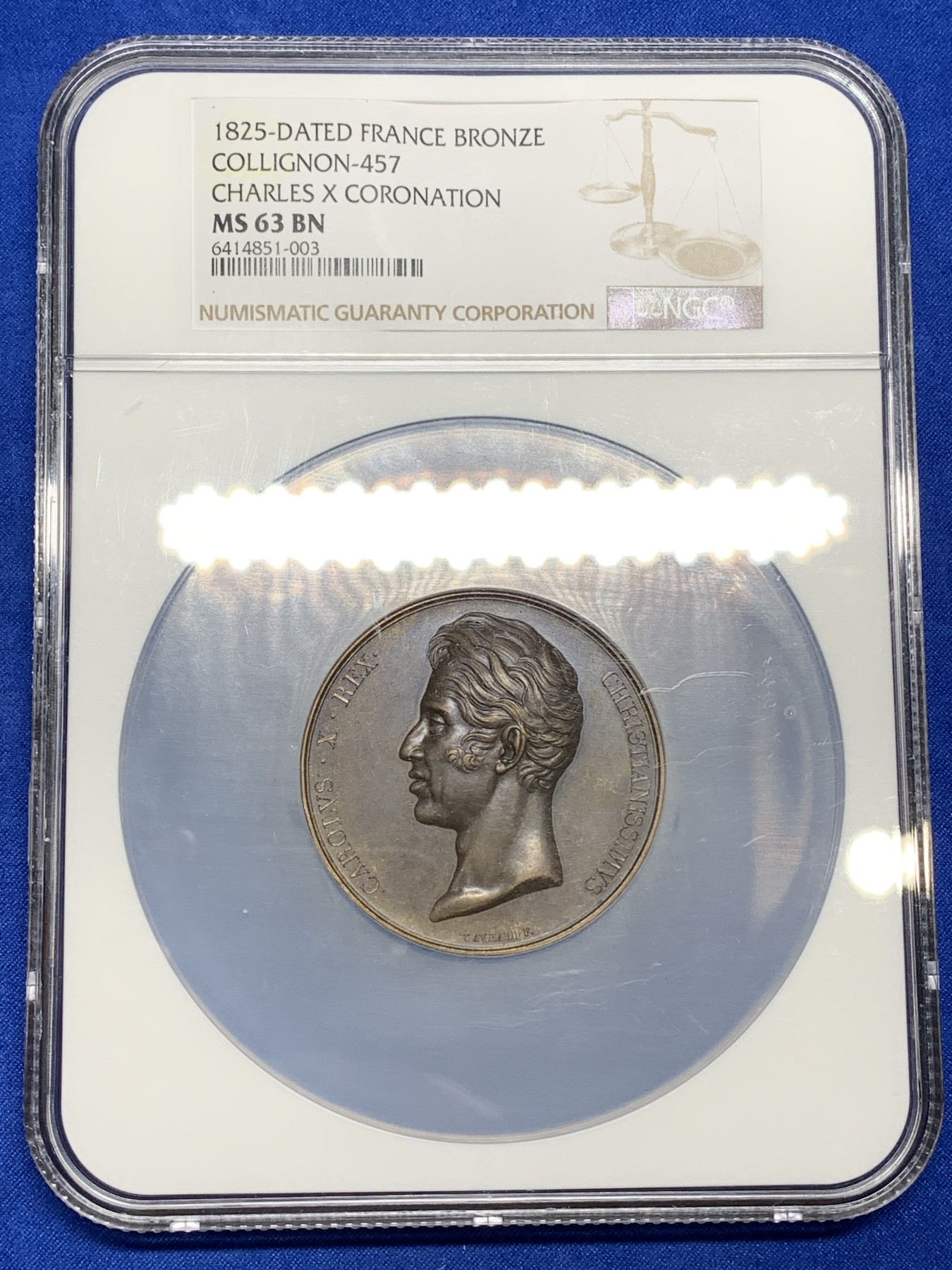 《竞宝斋》第222场-周日，周一 2场 (全场包邮) NGC MS63 法国1825查理十世加冕铜章 加厚大盒