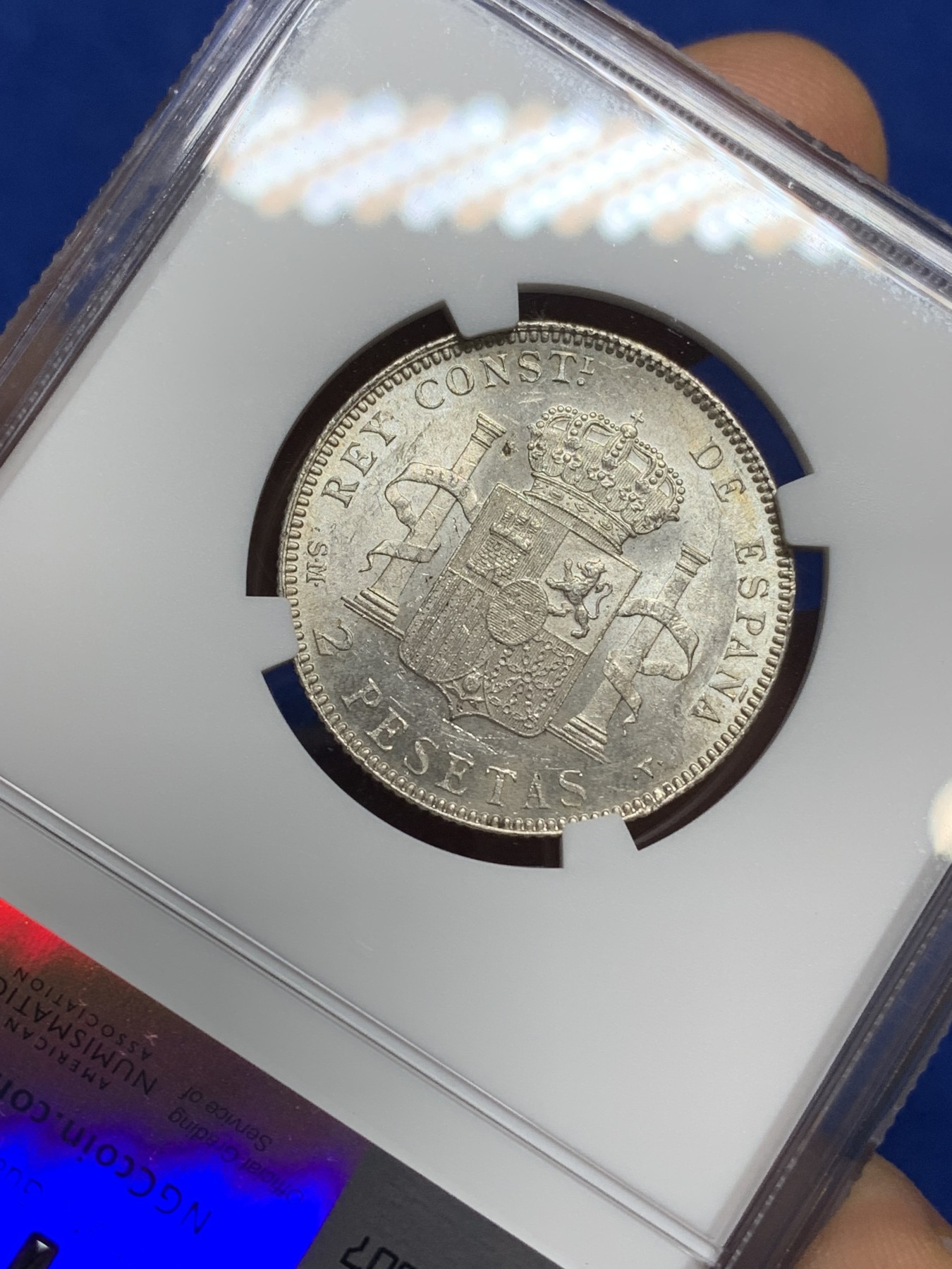 《竞宝斋》第222场-周日，周一 2场 (全场包邮) NGC-MS61 西班牙1905阿方索十三世2比塞塔银币