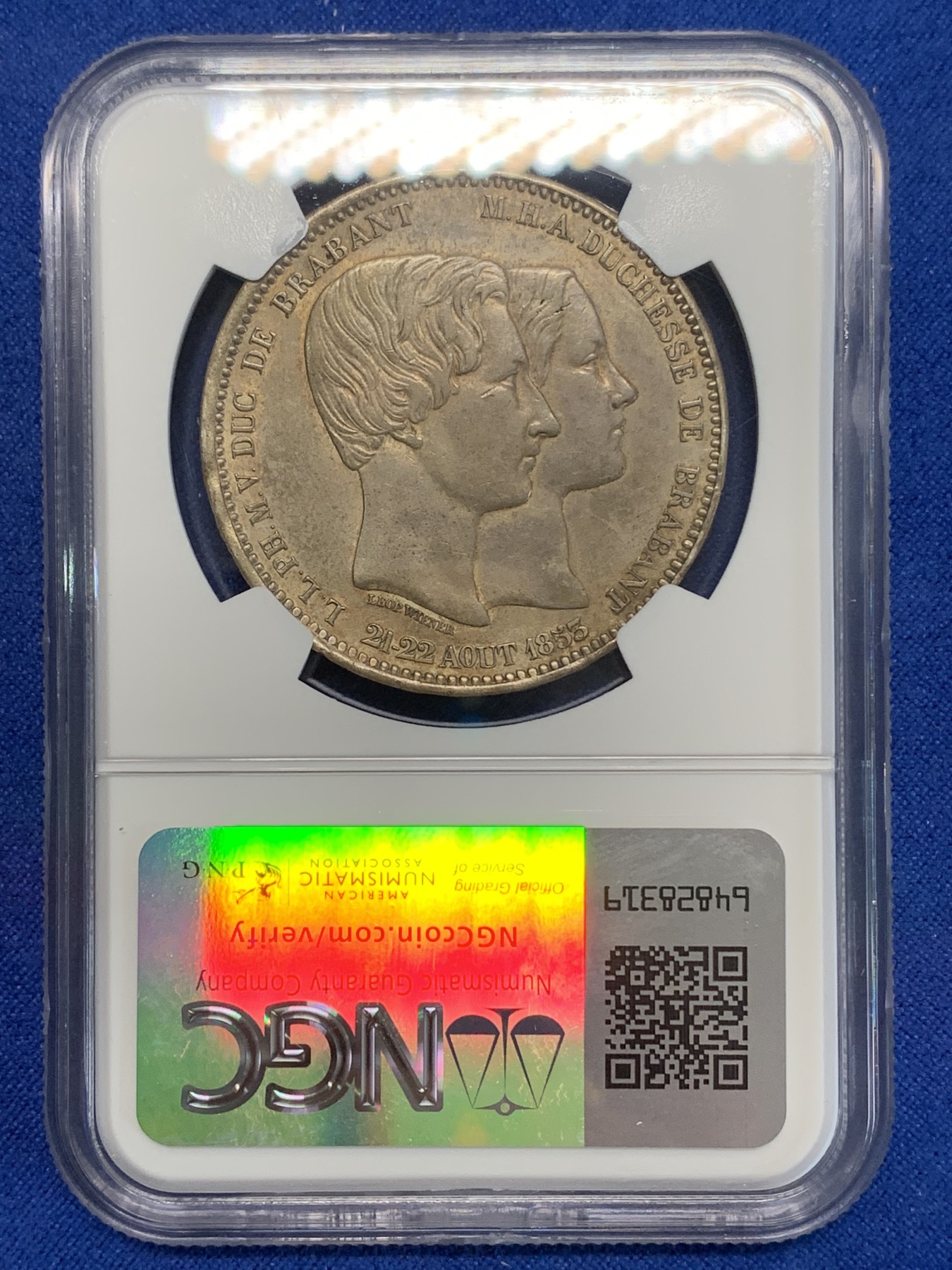 《竞宝斋》第222场-周日，周一 2场 (全场包邮) NGC AUD 比利时1853利奥波德一世皇家婚礼5法郎大银币 双头像 稀少品种 铸造仅32000枚 底板干净 包浆油润