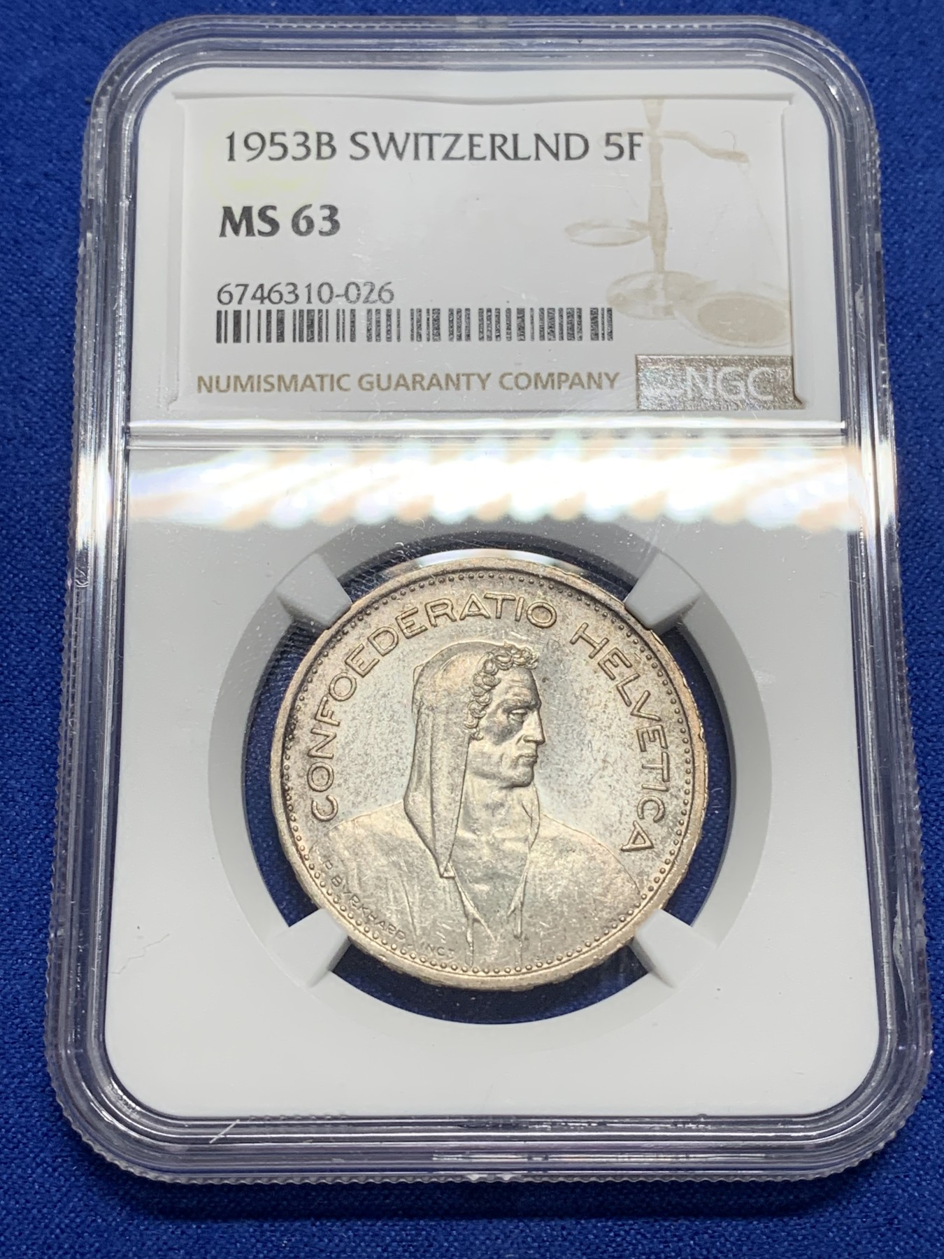 《竞宝斋》第222场-周日，周一 2场 (全场包邮) NGC MS63 瑞士1953年威廉泰尔5法郎银币