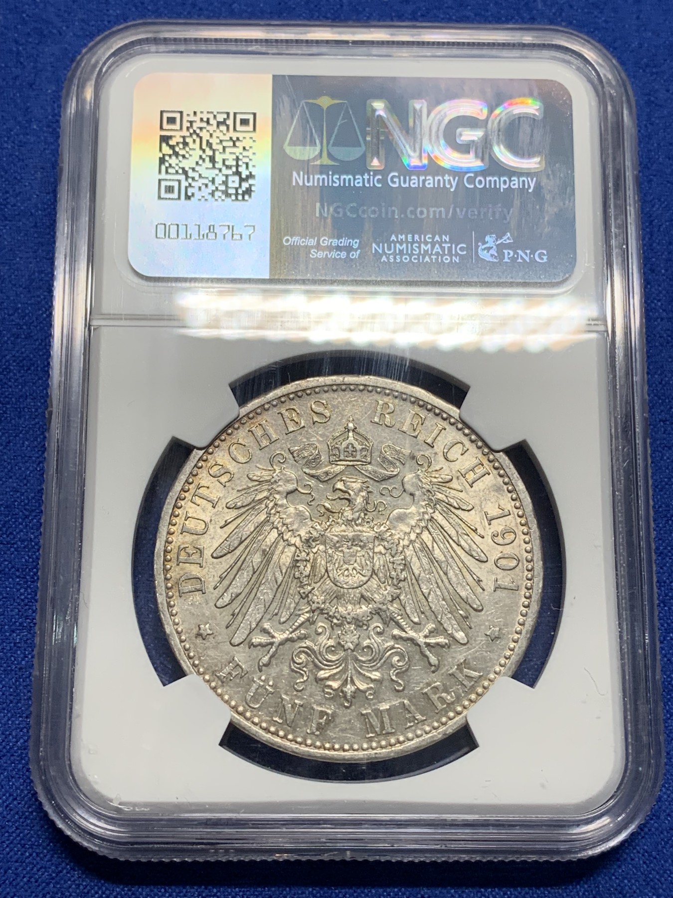 《竞宝斋》第222场-周日，周一 2场 (全场包邮) NGC-AU55 1901年巴伐利亚奥拓5马克大银币。原味状态