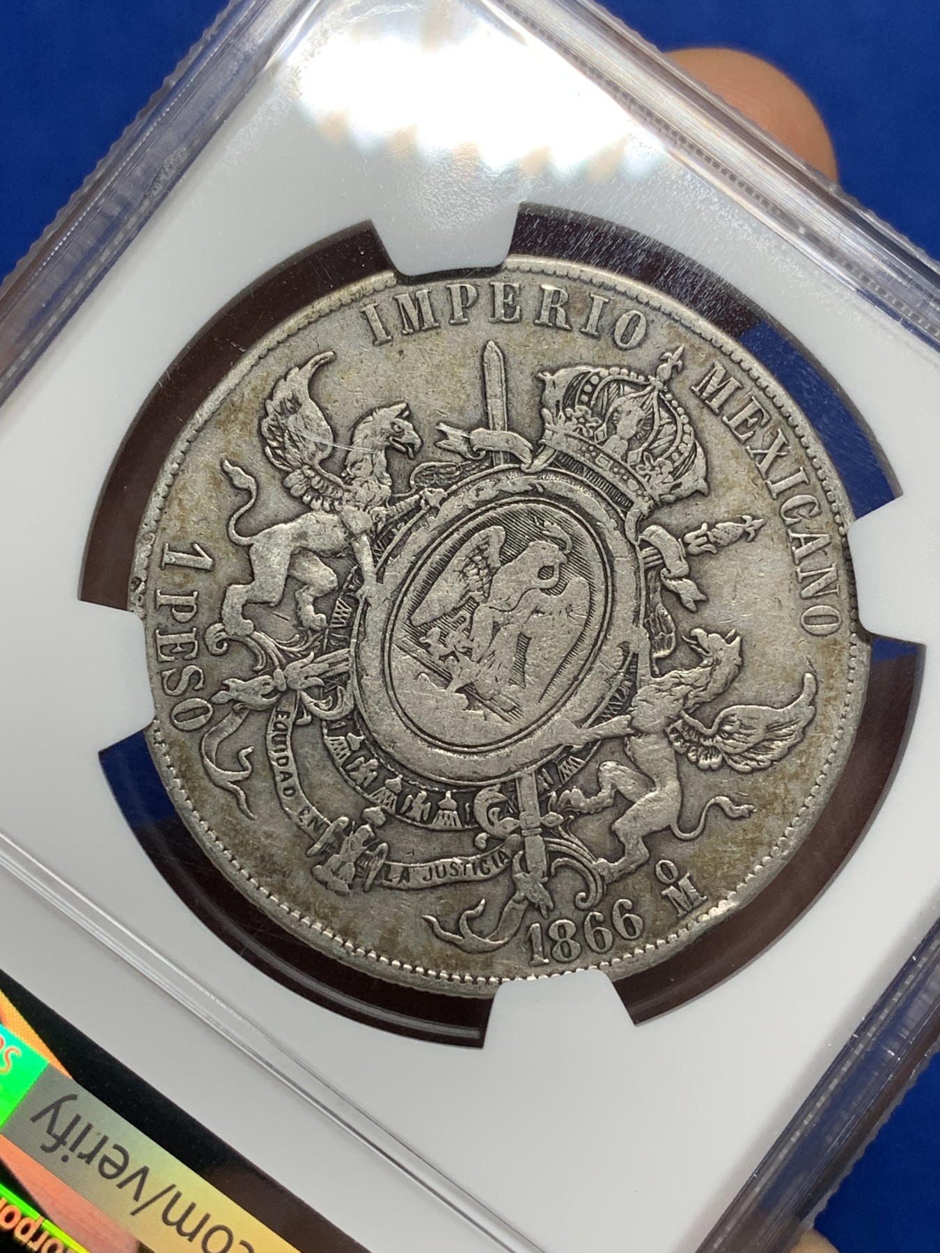 《竞宝斋》第222场-周日，周一 2场 (全场包邮) NGC VF25 墨西哥1866年马克西米利安1比索 原味老包浆 出分不容易 高价品种