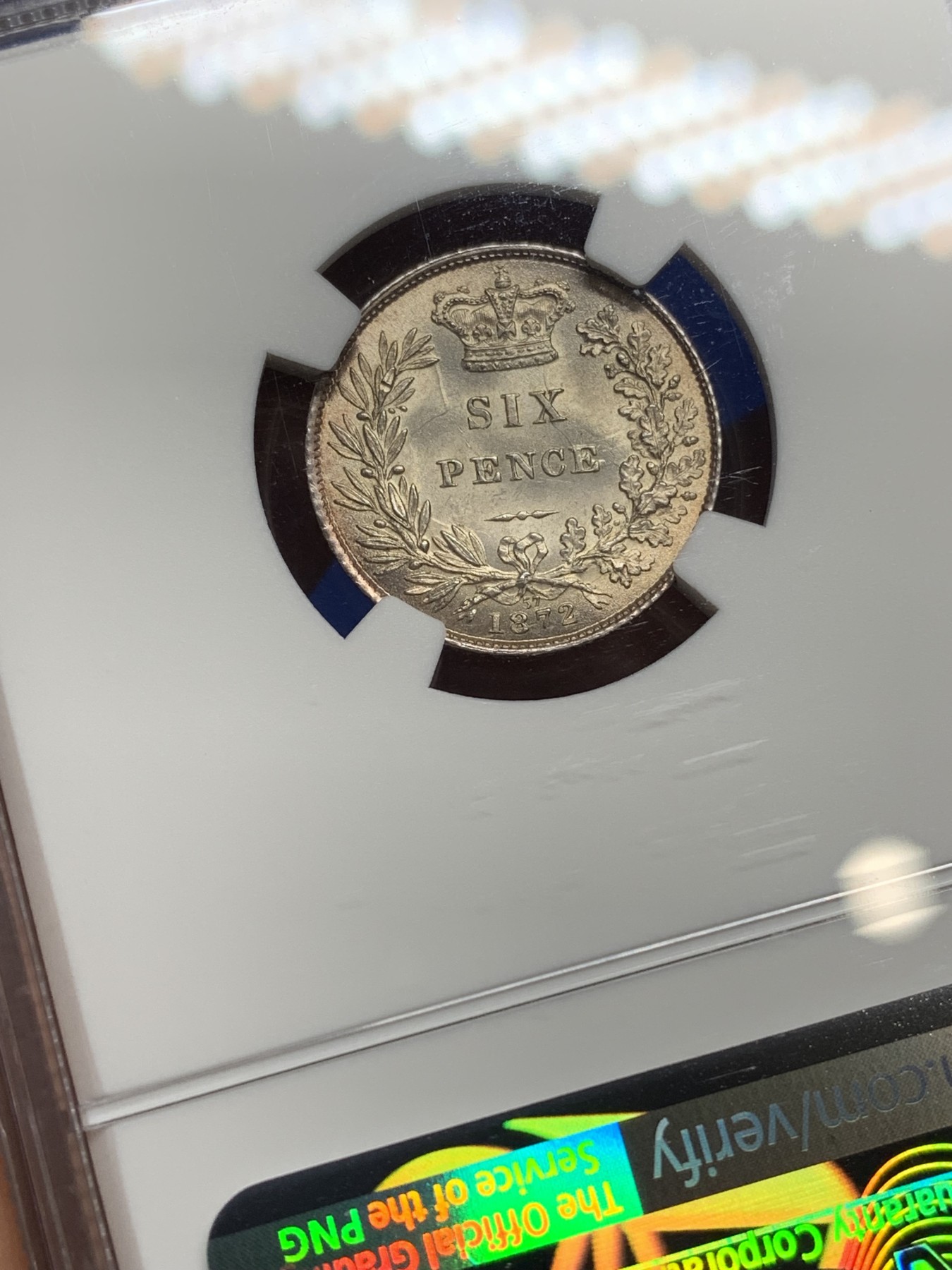 《竞宝斋》第222场-周日，周一 2场 (全场包邮) NGC-MS64 英国1872年小维头像6便士  稀少年份  更高分仅9枚