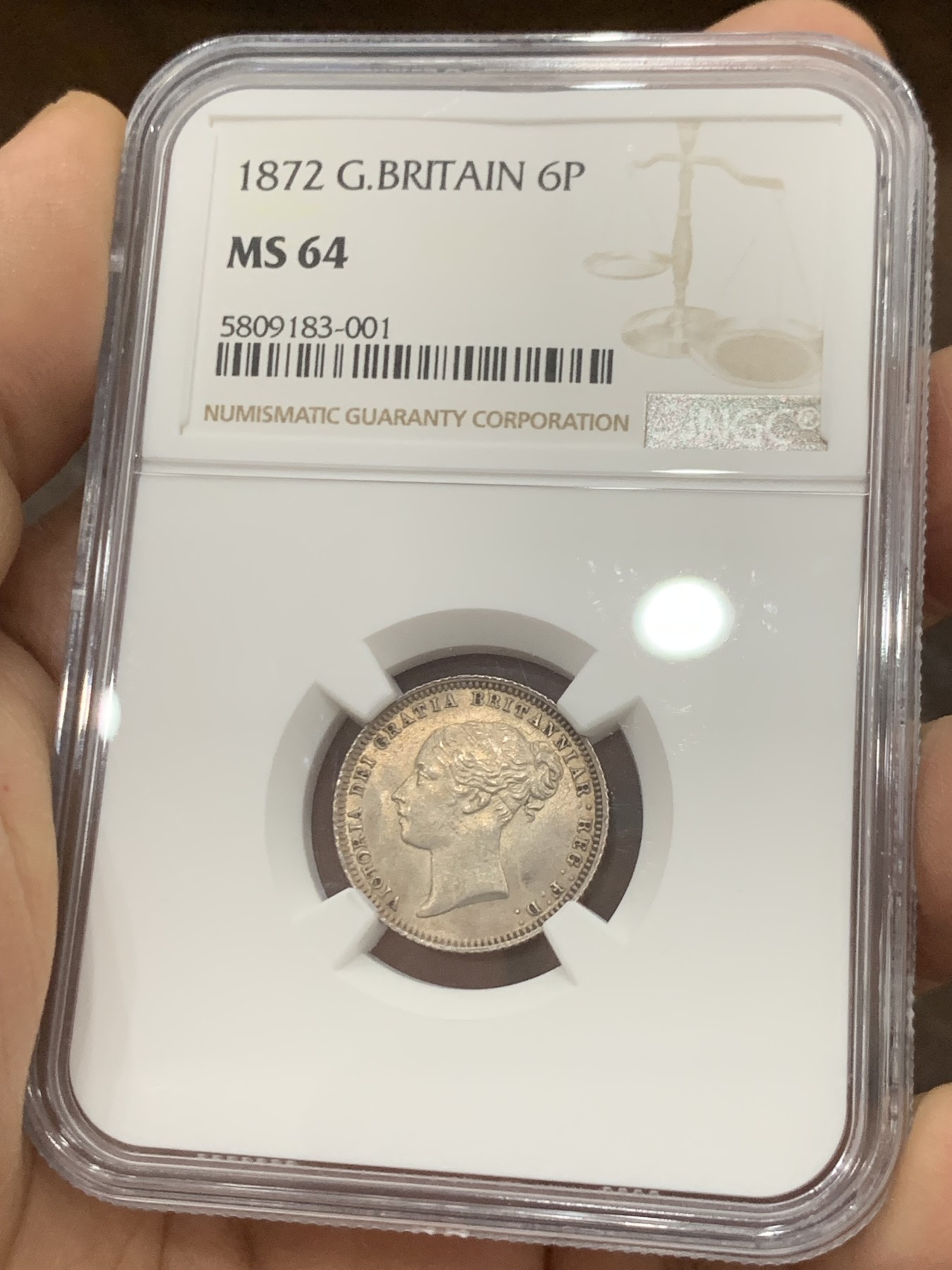 《竞宝斋》第222场-周日，周一 2场 (全场包邮) NGC-MS64 英国1872年小维头像6便士  稀少年份  更高分仅9枚