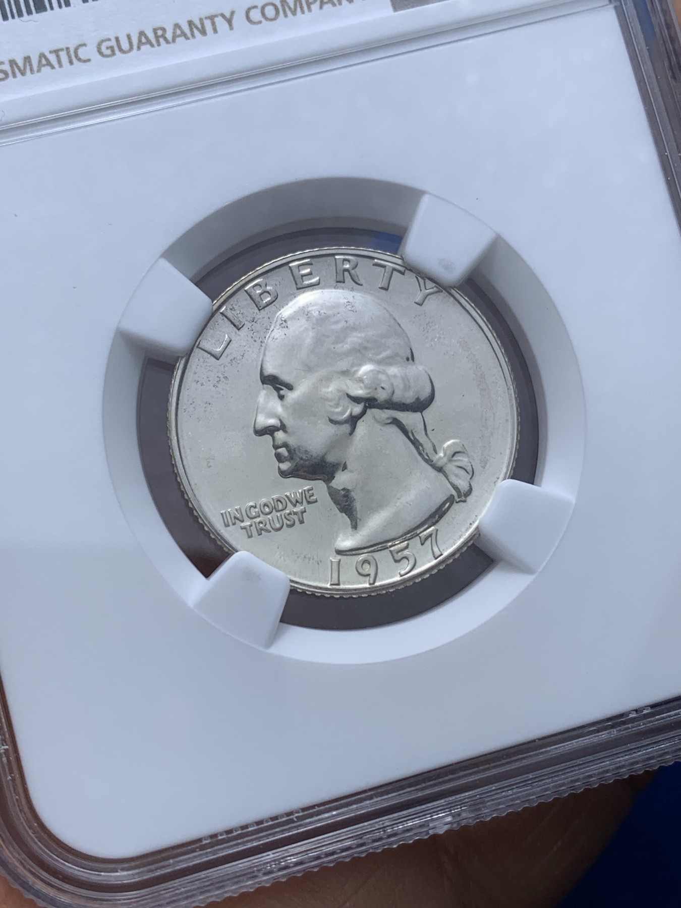 《竞宝斋》第222场-周日，周一 2场 (全场包邮) NGC-PF65 1957年华盛顿25美分精制银币，比60年代的少多了，状态十分精美