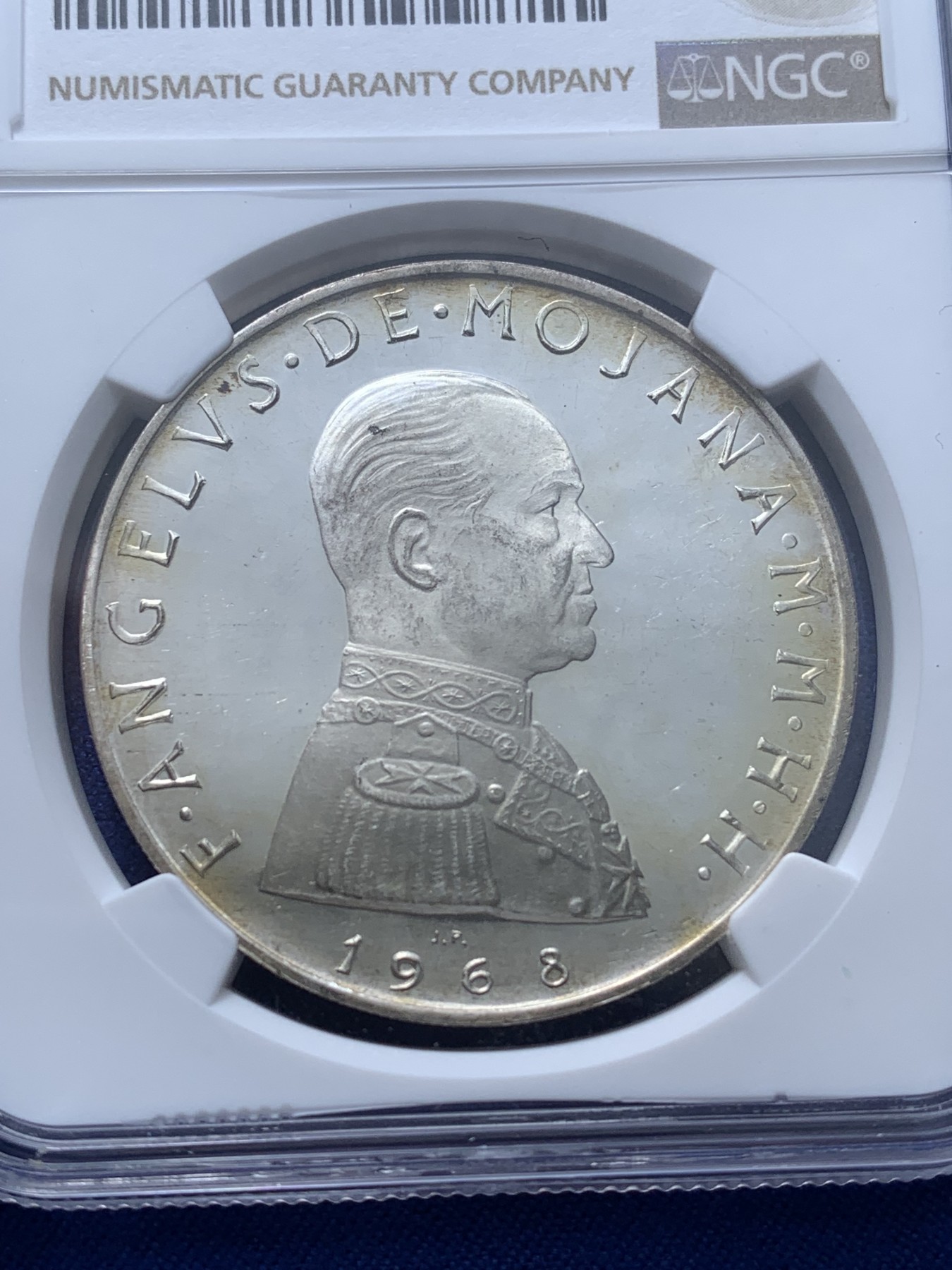 《竞宝斋》第222场-周日，周一 2场 (全场包邮) NGC PF63UC 马尔他1968年精制银币，稀有凭证，季军分，更高分仅2枚，盒子角上有磕，见图。
