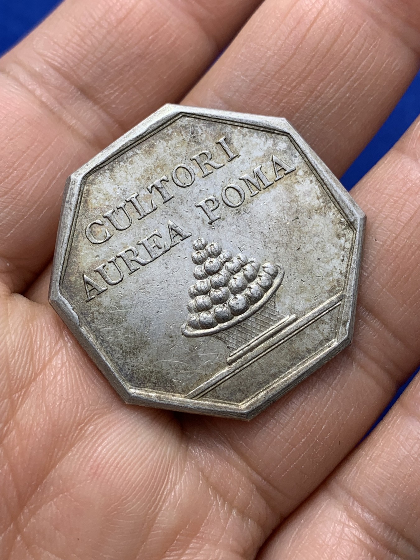 《竞宝斋》第222场-周日，周一 2场 (全场包邮) 法国红苹果园林银质八角代币 约31.6mm 12g 品相不错 早期无边铭（送小方盒）