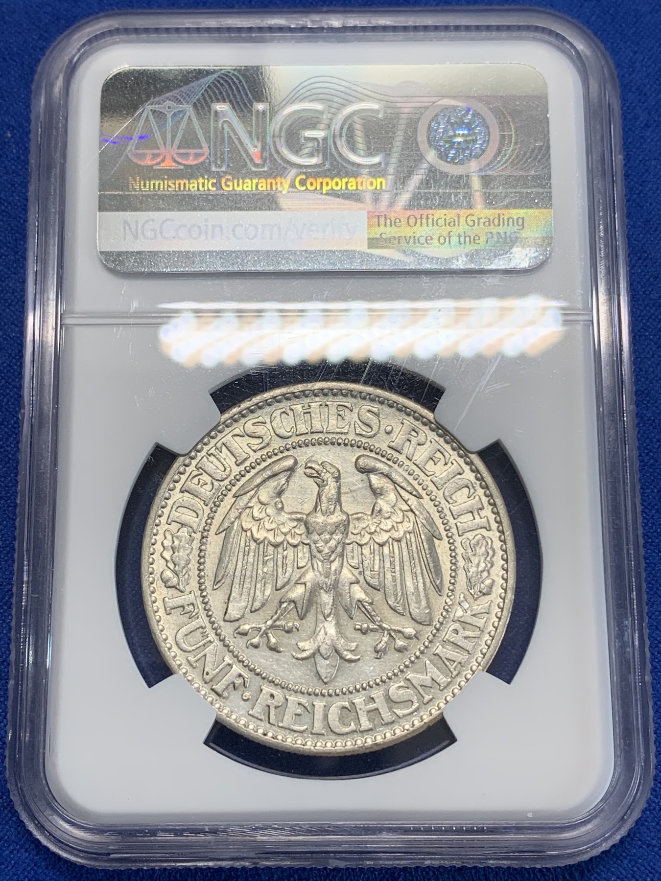 《竞宝斋》第222场-周日，周一 2场 (全场包邮) NGC UNC 德国魏玛 1928年F版 5马克橡树银币 双面转光 品相不错