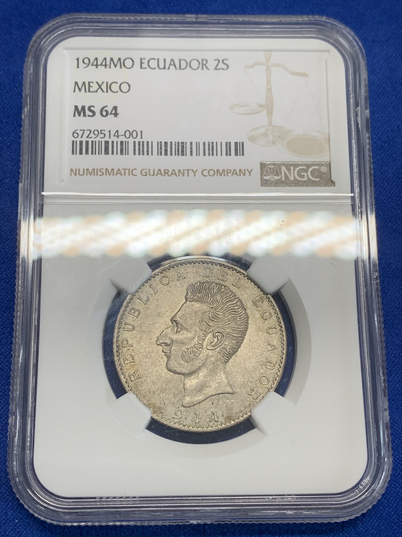 《竞宝斋》第222场-周日，周一 2场 (全场包邮) NGC MS64厄瓜多尔1944年2S银币 墨西哥代铸 十字转光 小面值好品稀见 南美热门