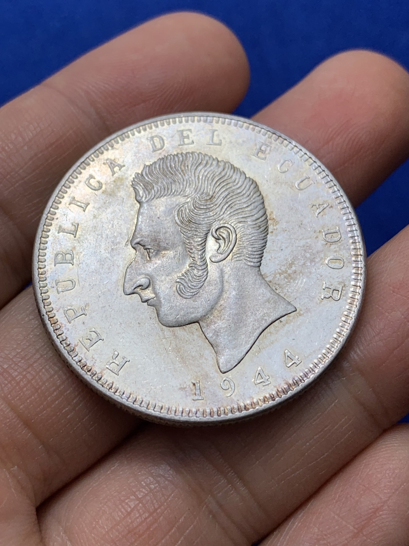 《竞宝斋》第222场-周日，周一 2场 (全场包邮) 厄瓜多尔玻利瓦尔1944年5苏克雷大银币，墨西哥造币厂代铸