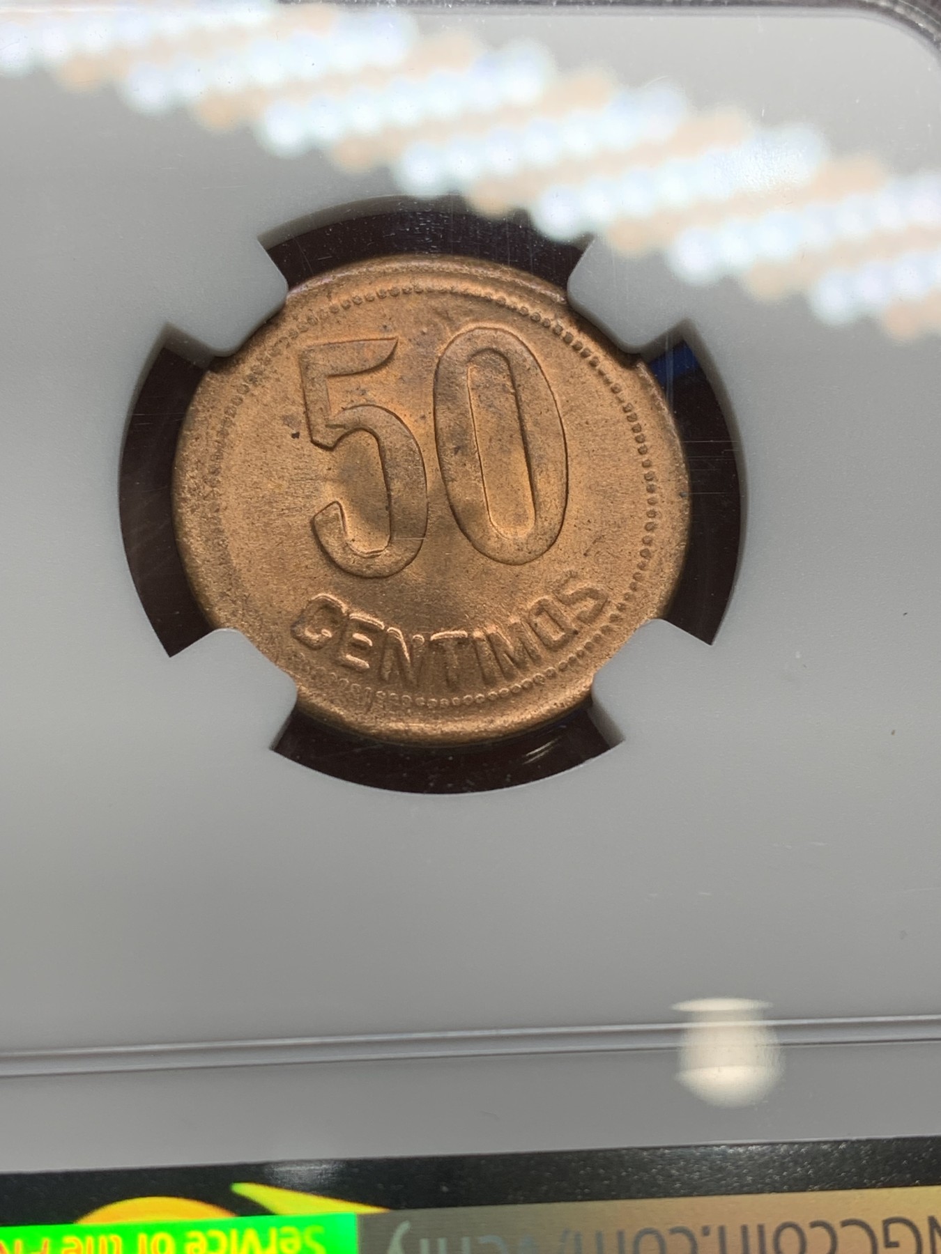 《竞宝斋》第222场-周日，周一 2场 (全场包邮) NGC-MS66RD 冠军分 西班牙1937年内战50分铜币，坐人女神。低估品种，仅发行2个年份，63分参考价50美元。RD红铜光靓丽，66冠军品质