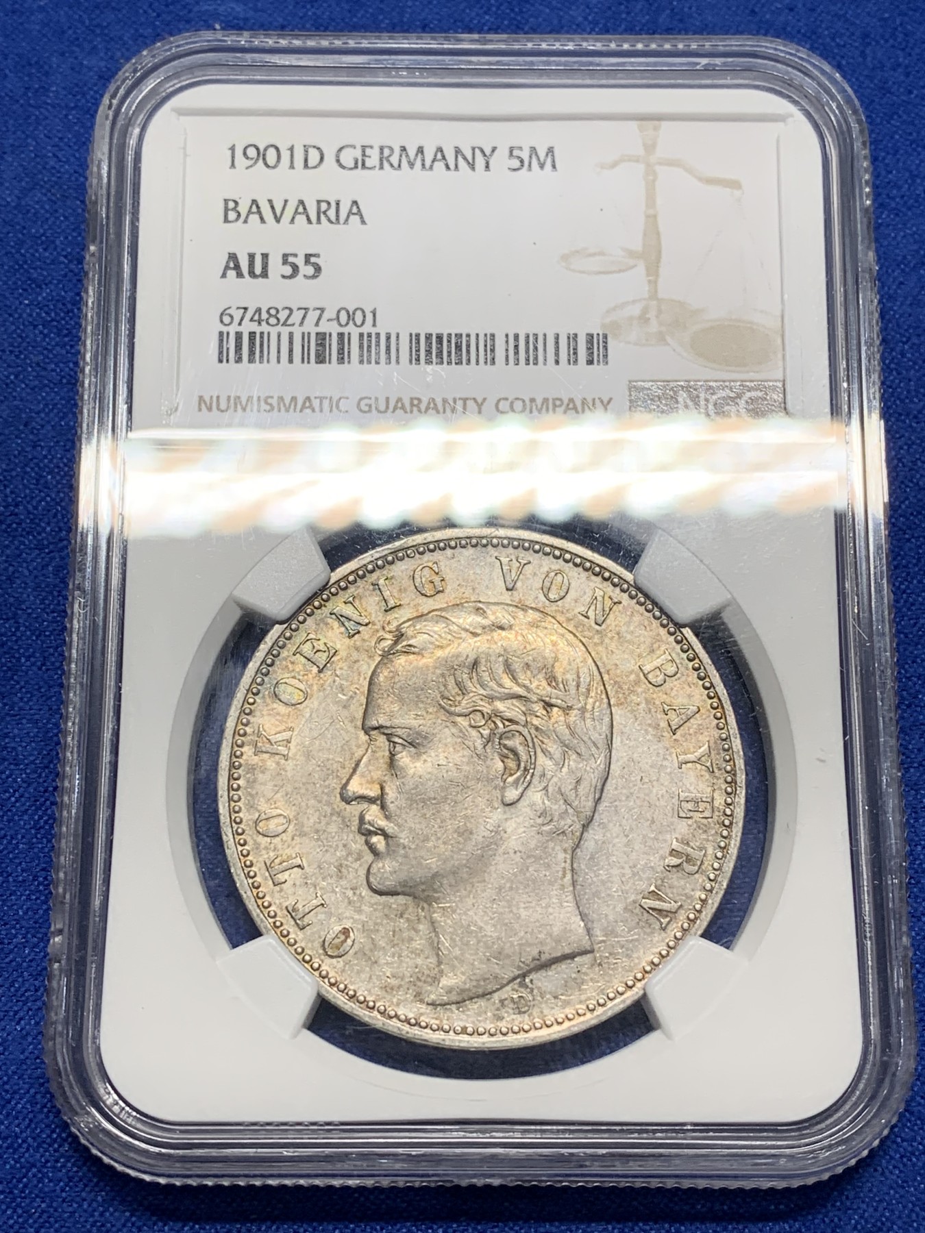 《竞宝斋》第222场-周日，周一 2场 (全场包邮) NGC-AU55 1901年巴伐利亚奥拓5马克大银币。原味状态