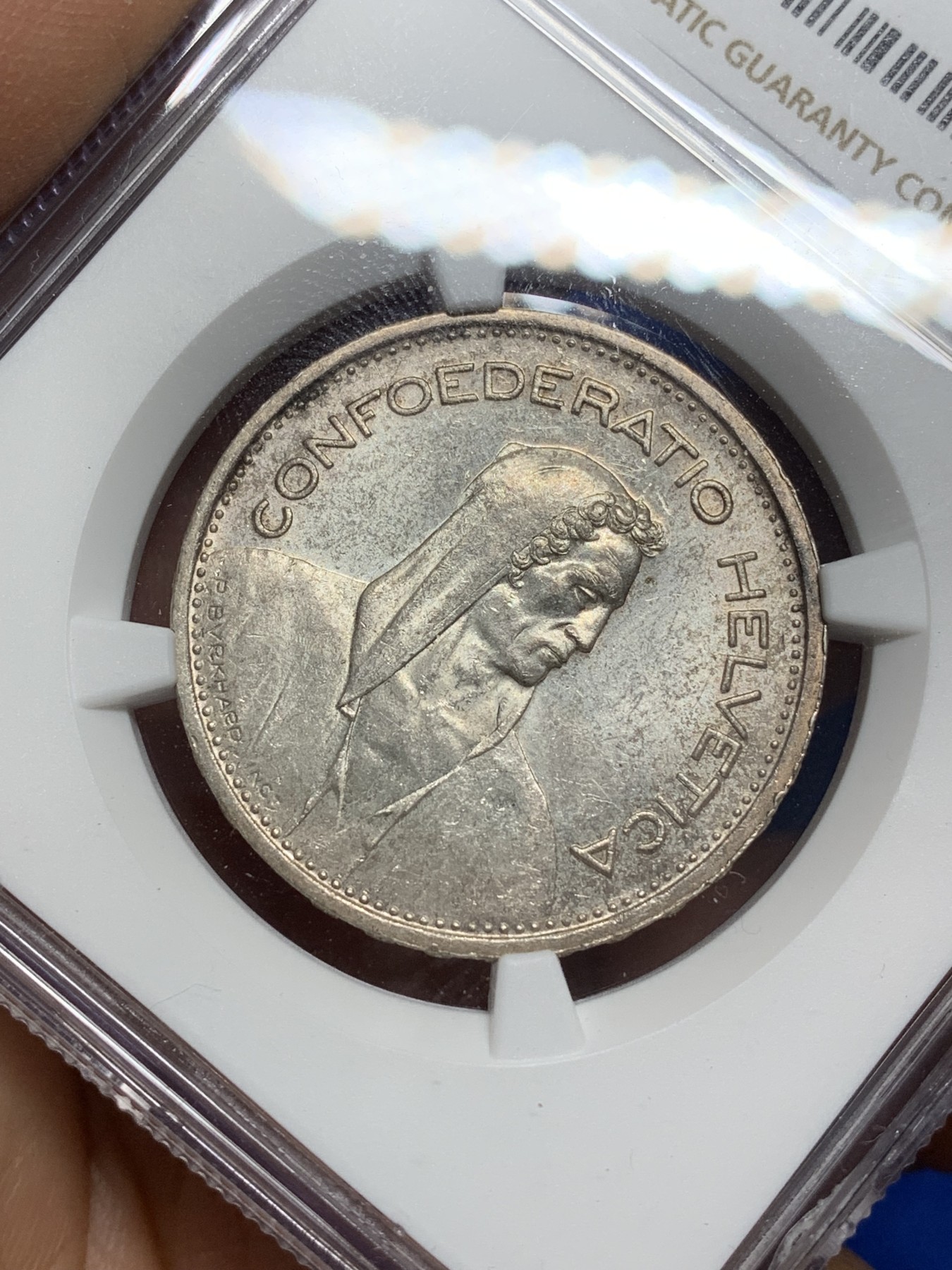 《竞宝斋》第222场-周日，周一 2场 (全场包邮) NGC MS63 瑞士1953年威廉泰尔5法郎银币