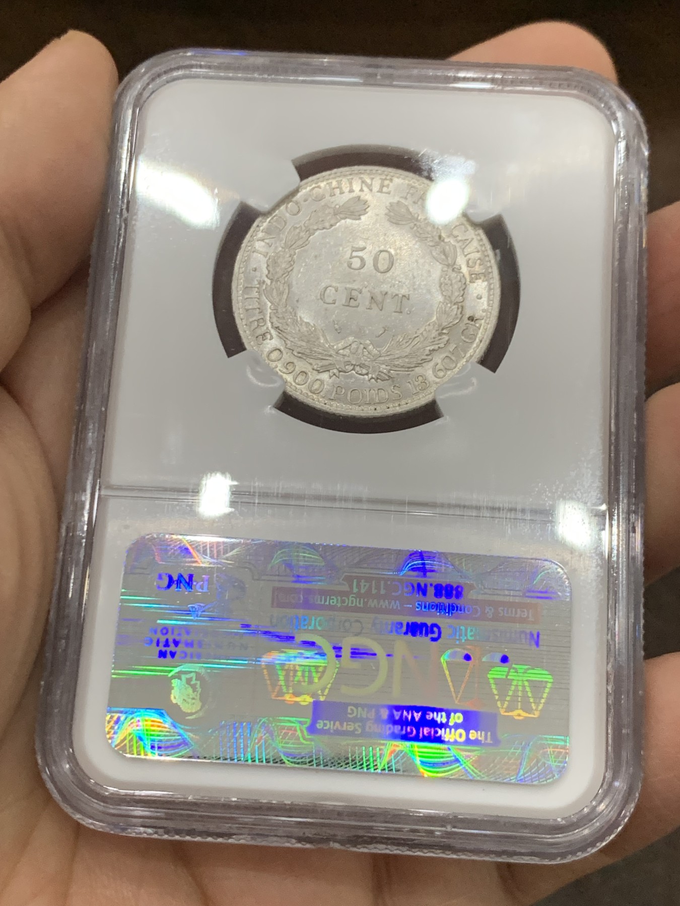 《竞宝斋》第222场-周日，周一 2场 (全场包邮) NGC AU58 法属印支 1885年50分，发行量仅4万枚，稀有原光品相！