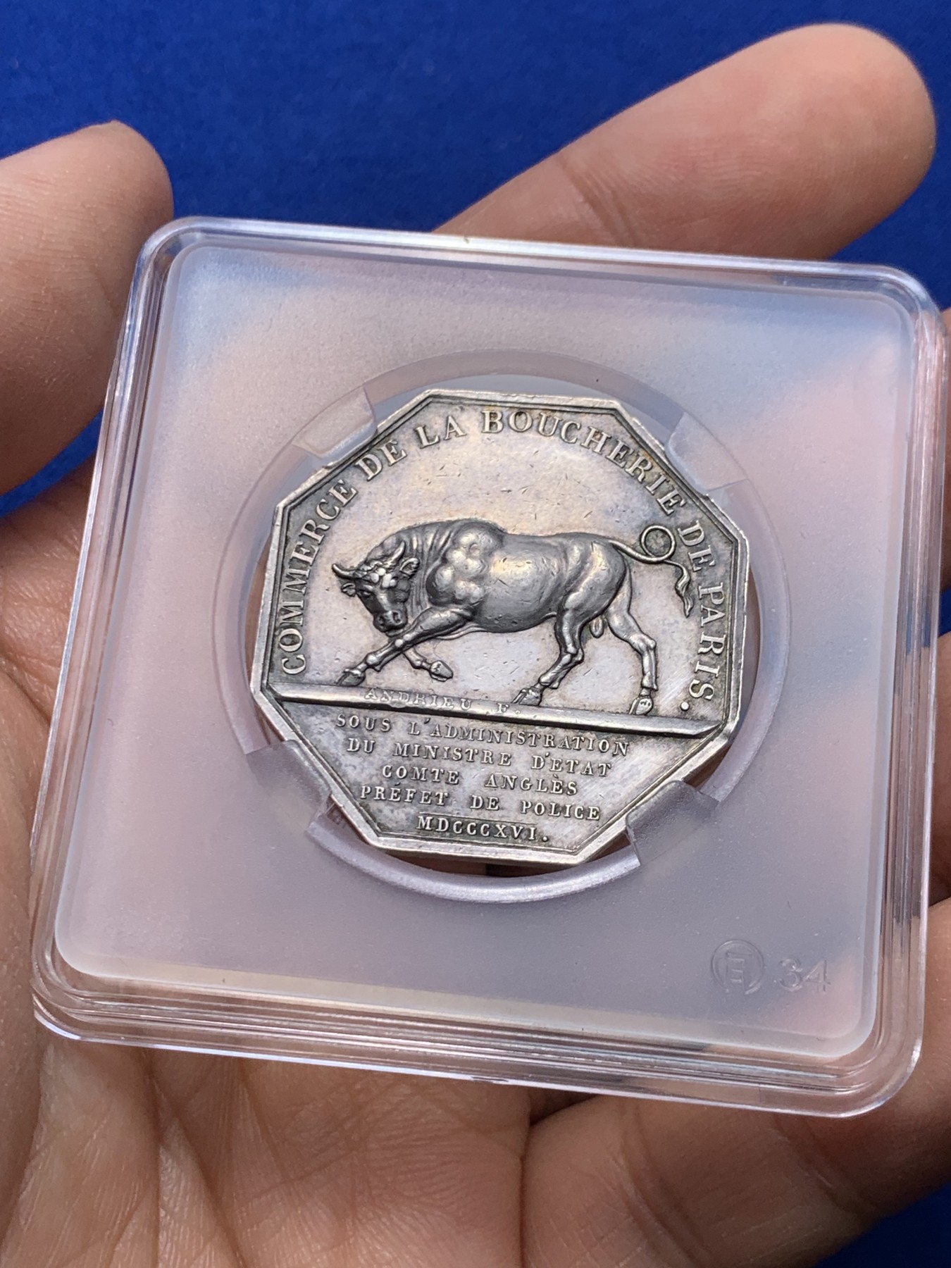 《竞宝斋》第222场-周日，周一 2场 (全场包邮) 1816年法国路易十八稀有贸易八角银章 33毫米 16.4克 早期无边铭