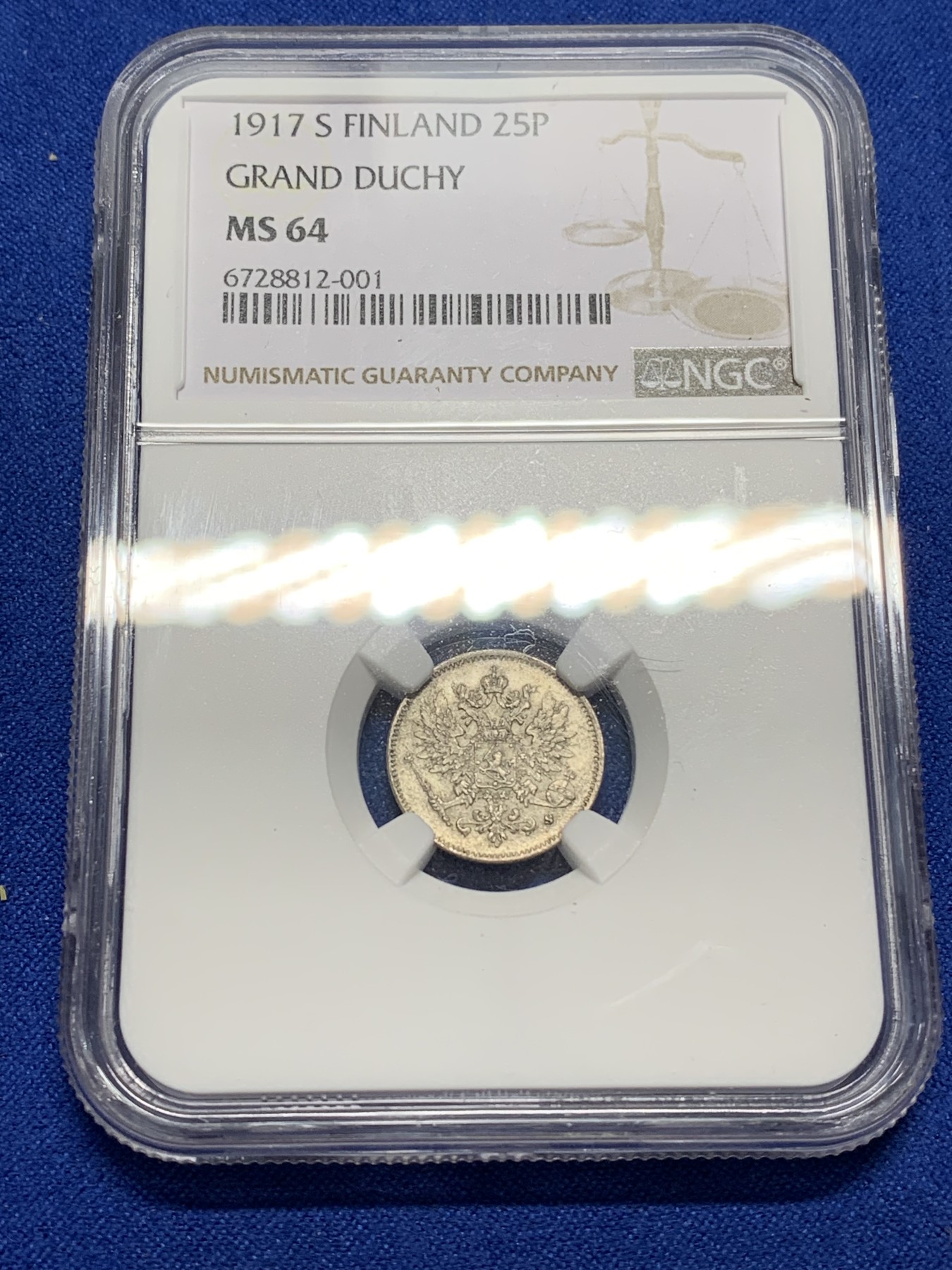 《竞宝斋》第222场-周日，周一 2场 (全场包邮) NGC MS64 俄占芬兰1917年25芬尼银币