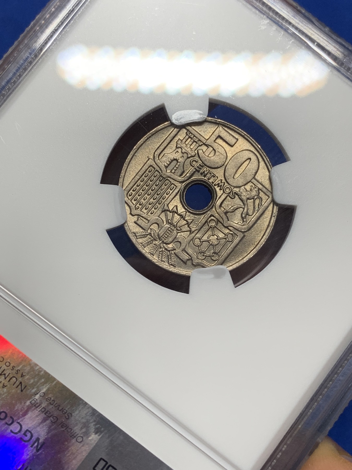 《竞宝斋》第222场-周日，周一 2场 (全场包邮) NGC MS66 西班牙 1949(51) 海锚 50分 高分少见