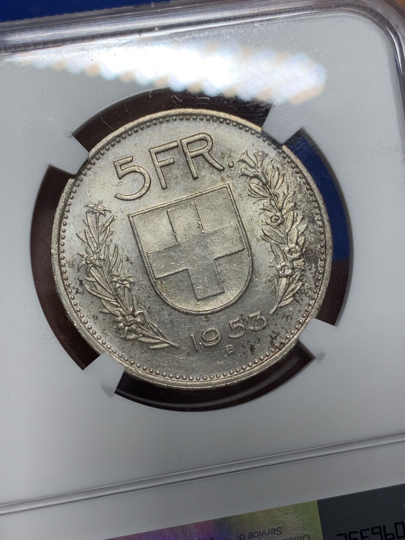 《竞宝斋》第222场-周日，周一 2场 (全场包邮) NGC MS63 瑞士1953年威廉泰尔5法郎银币