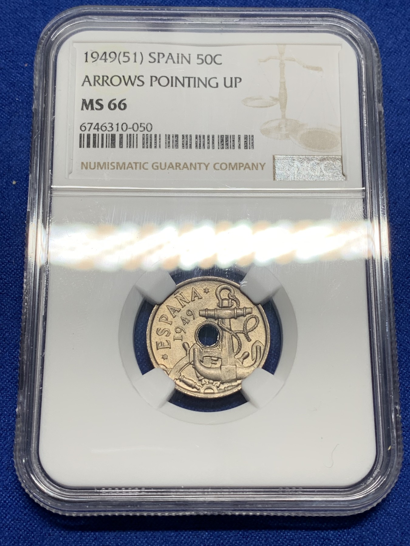 《竞宝斋》第222场-周日，周一 2场 (全场包邮) NGC MS66 西班牙 1949(51) 海锚 50分 高分少见