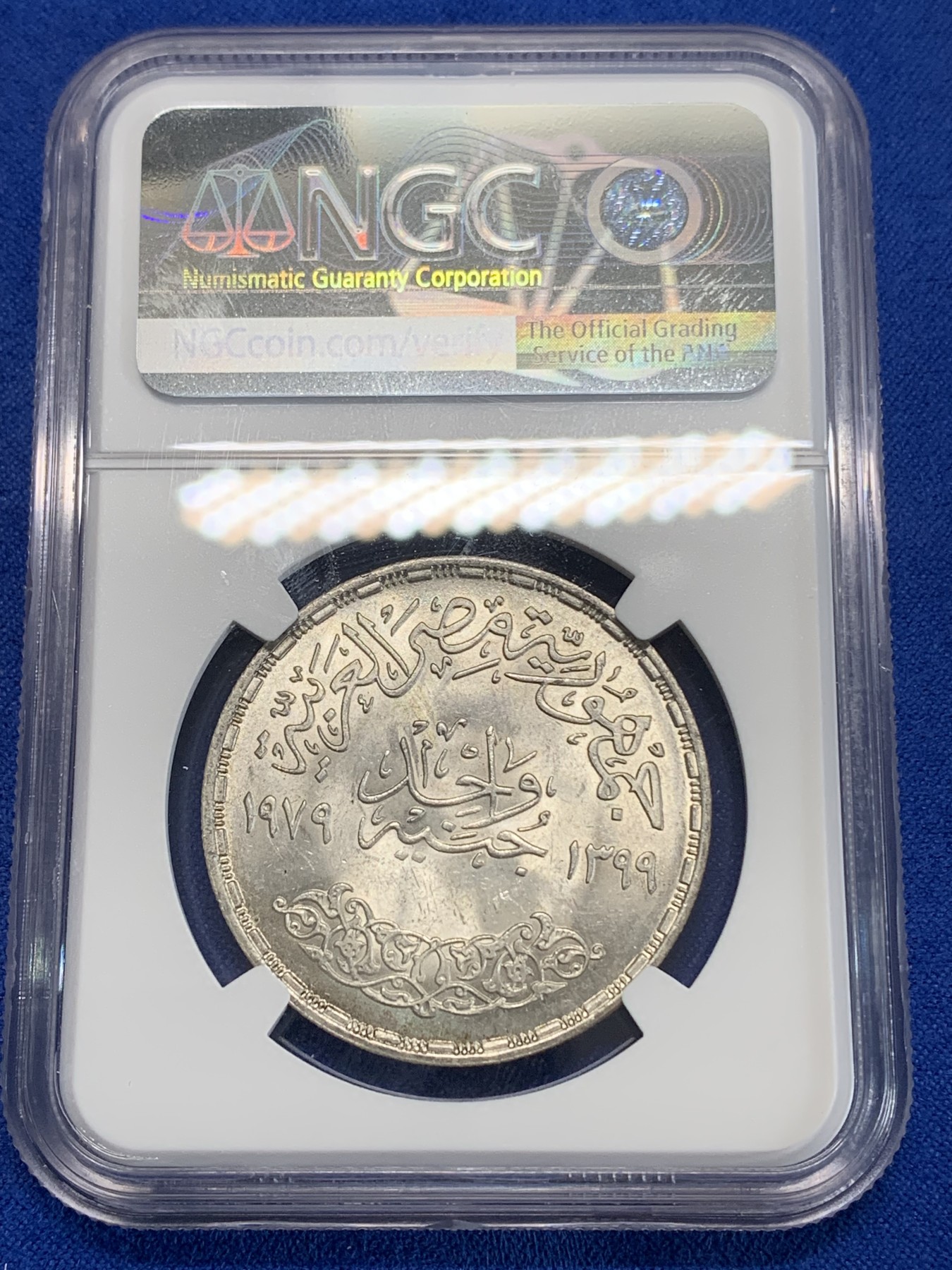 《竞宝斋》第222场-周日，周一 2场 (全场包邮) NGC MS63 埃及1979年FAO和国际儿童年纪念1镑银币，发行量48000 023