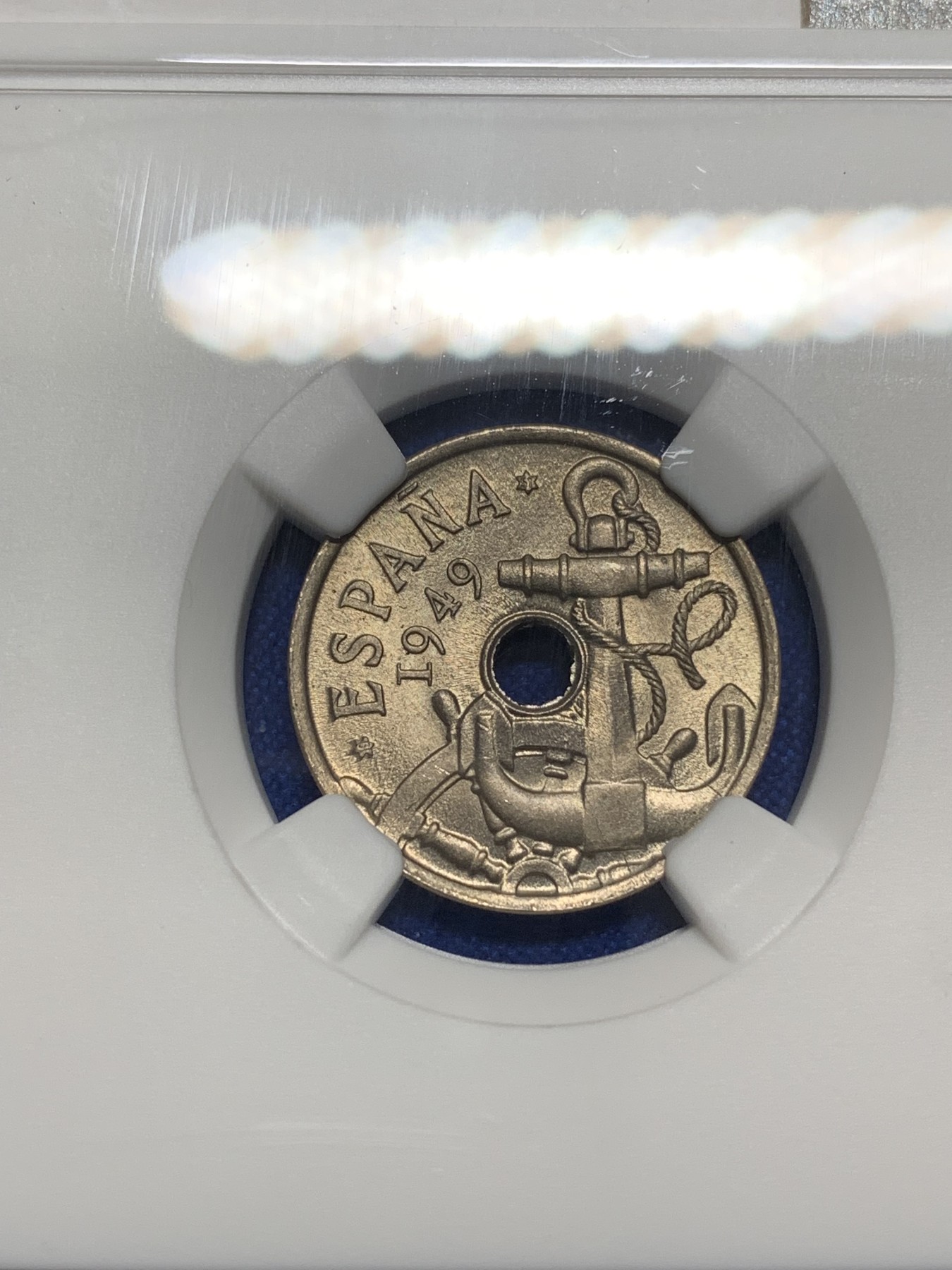 《竞宝斋》第222场-周日，周一 2场 (全场包邮) NGC MS66 西班牙 1949(51) 海锚 50分 高分少见