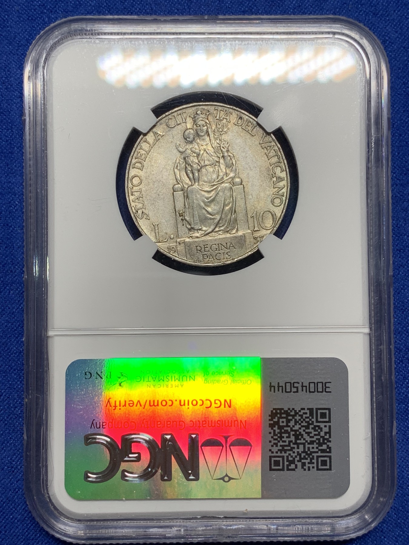 《竞宝斋》第222场-周日，周一 2场 (全场包邮) NGC-AU58 梵蒂冈 1937年 教皇庇护十一世 10里拉银币