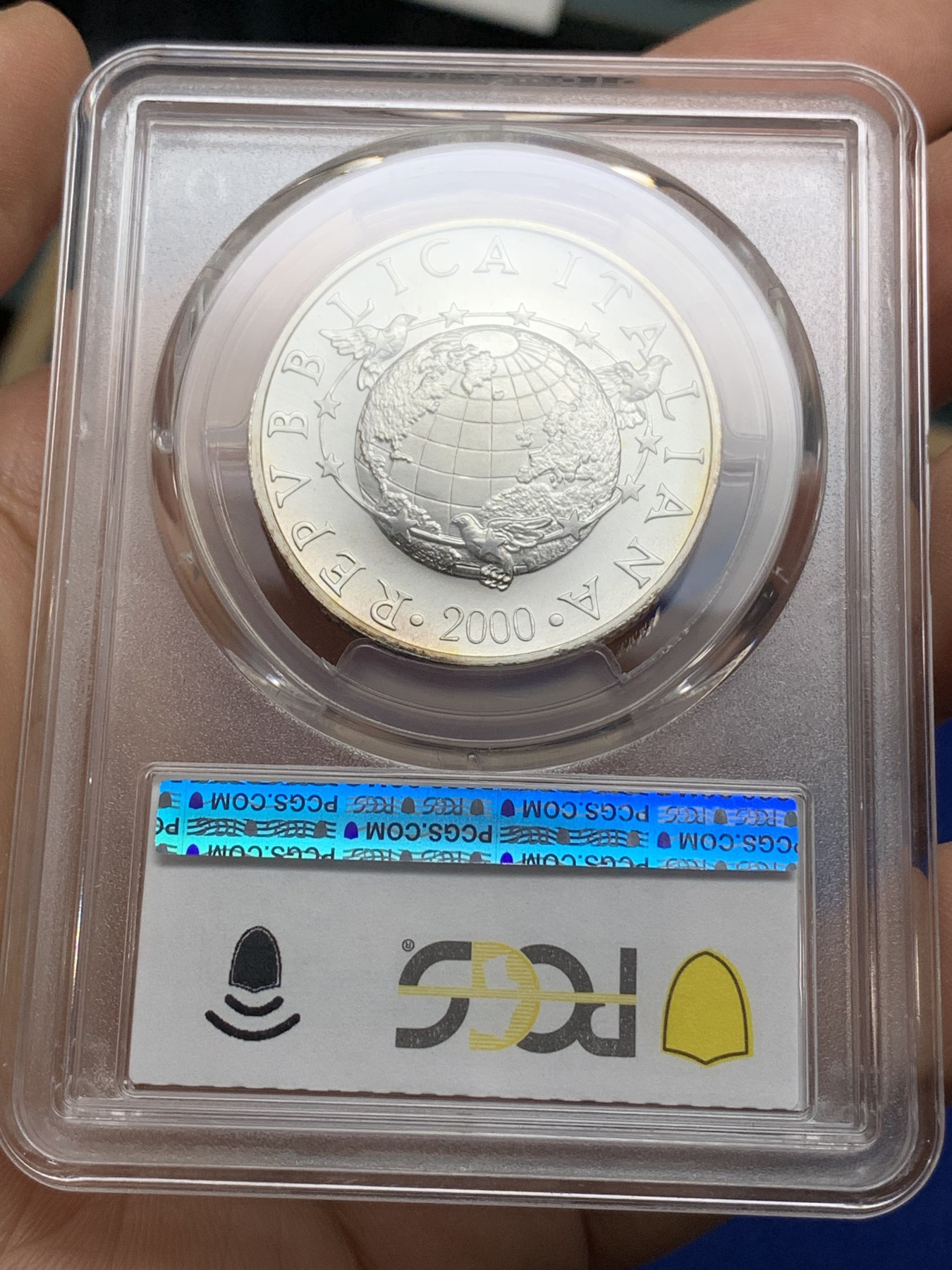 《竞宝斋》第222场-周日，周一 2场 (全场包邮) PCGS-MS67 意大利2000年达芬奇飞行器和空间站10000里拉银币