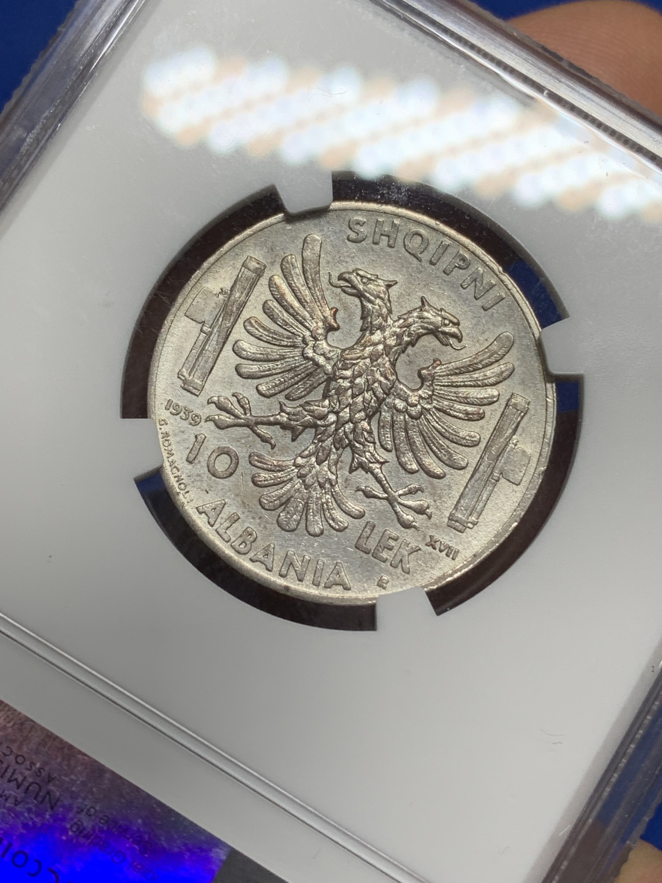 《竞宝斋》第222场-周日，周一 2场 (全场包邮) NGC-UNCD 1939年阿尔巴尼亚10列银币，少见银币。状态十分精美