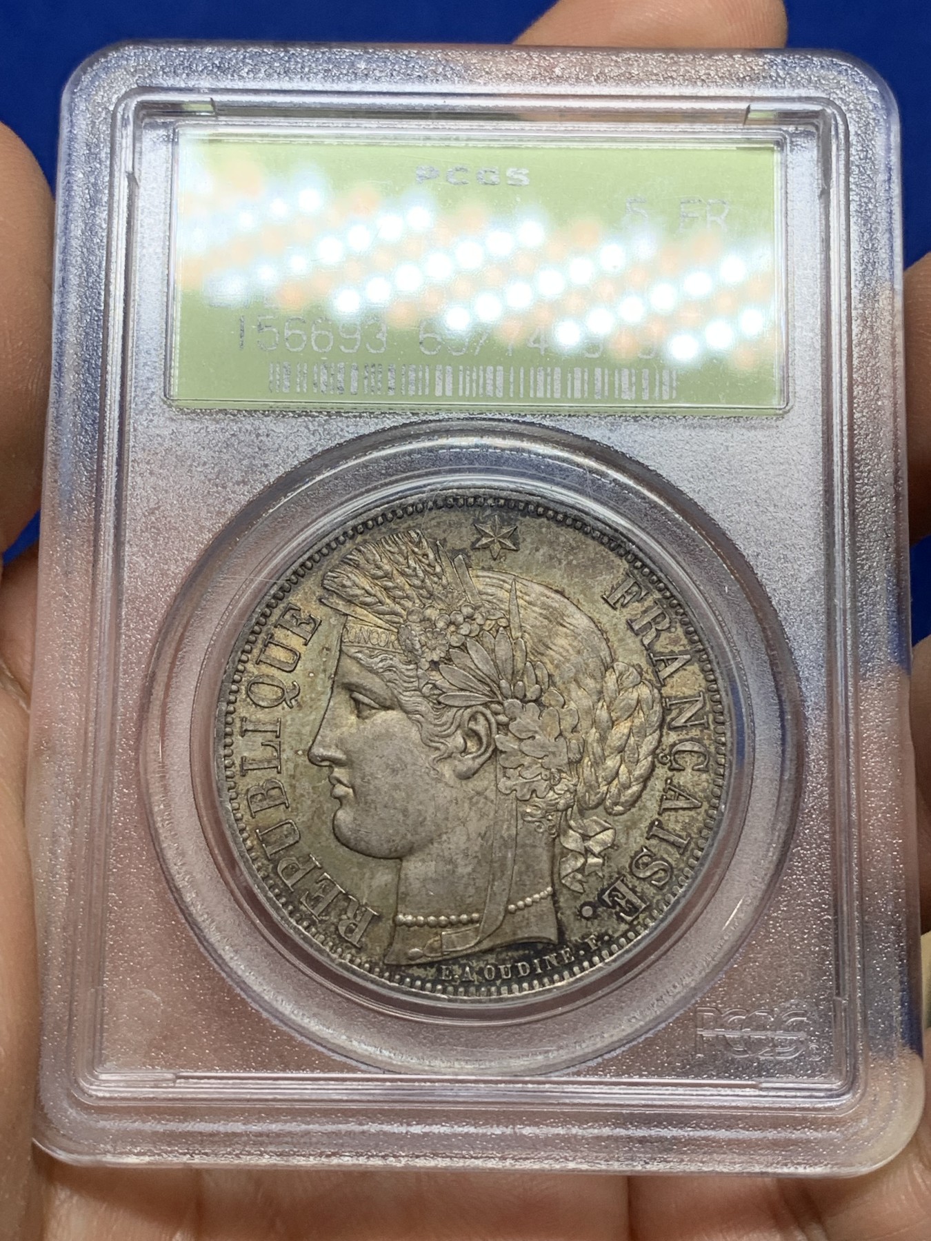 《竞宝斋》第222场-周日，周一 2场 (全场包邮) PCGS MS65 法国 1849 谷物女神 5法郎银币 等级高分 状态同样惊人 双面金黄包浆 早期绿盒