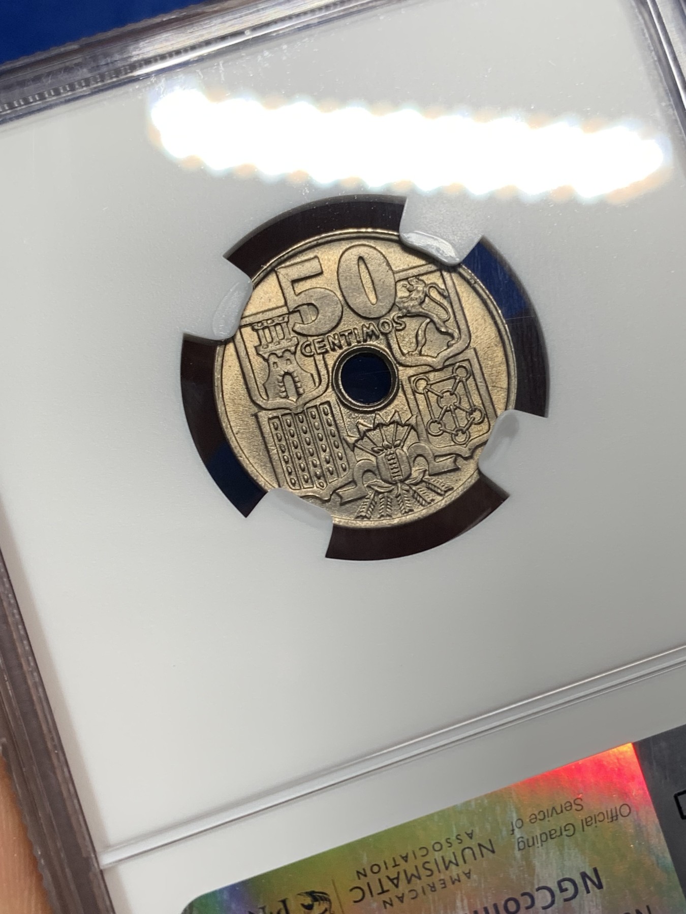 《竞宝斋》第222场-周日，周一 2场 (全场包邮) NGC MS66 西班牙 1949(51) 海锚 50分 高分少见