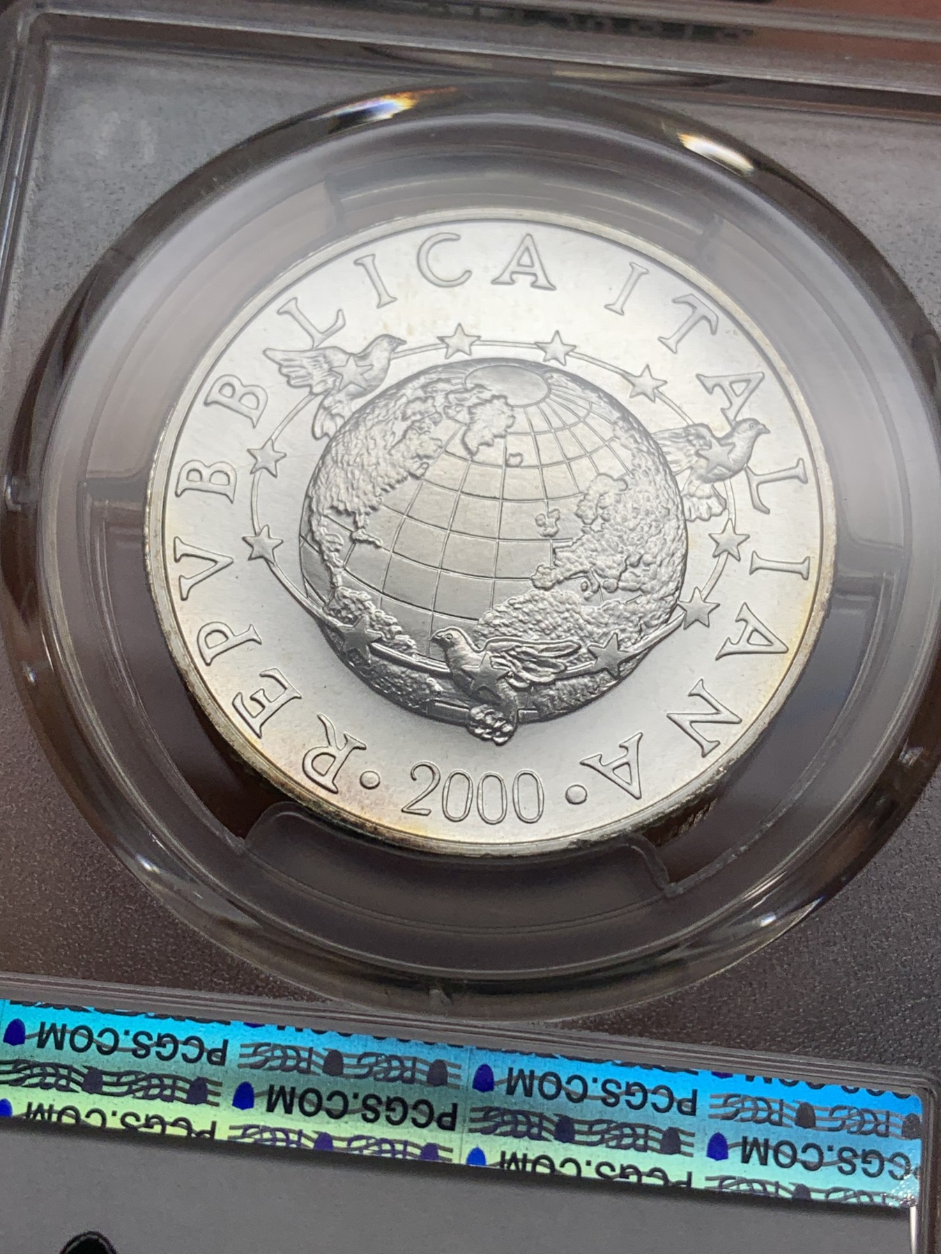 《竞宝斋》第222场-周日，周一 2场 (全场包邮) PCGS-MS67 意大利2000年达芬奇飞行器和空间站10000里拉银币