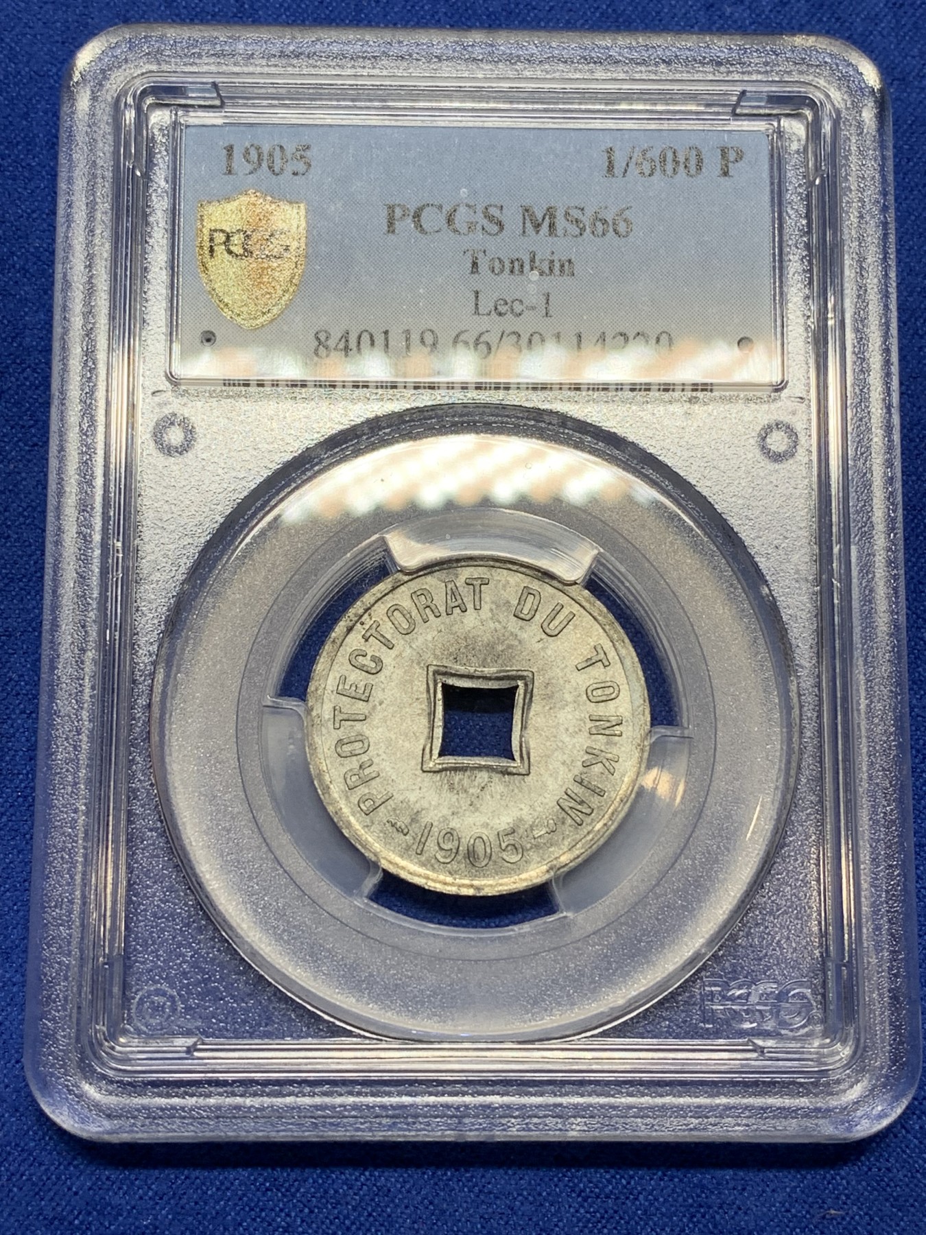 《竞宝斋》第222场-周日，周一 2场 (全场包邮) PCGS MS66 法属印支东京湾 1/600锌币，灰蓝金属光泽，顶级冠军分！