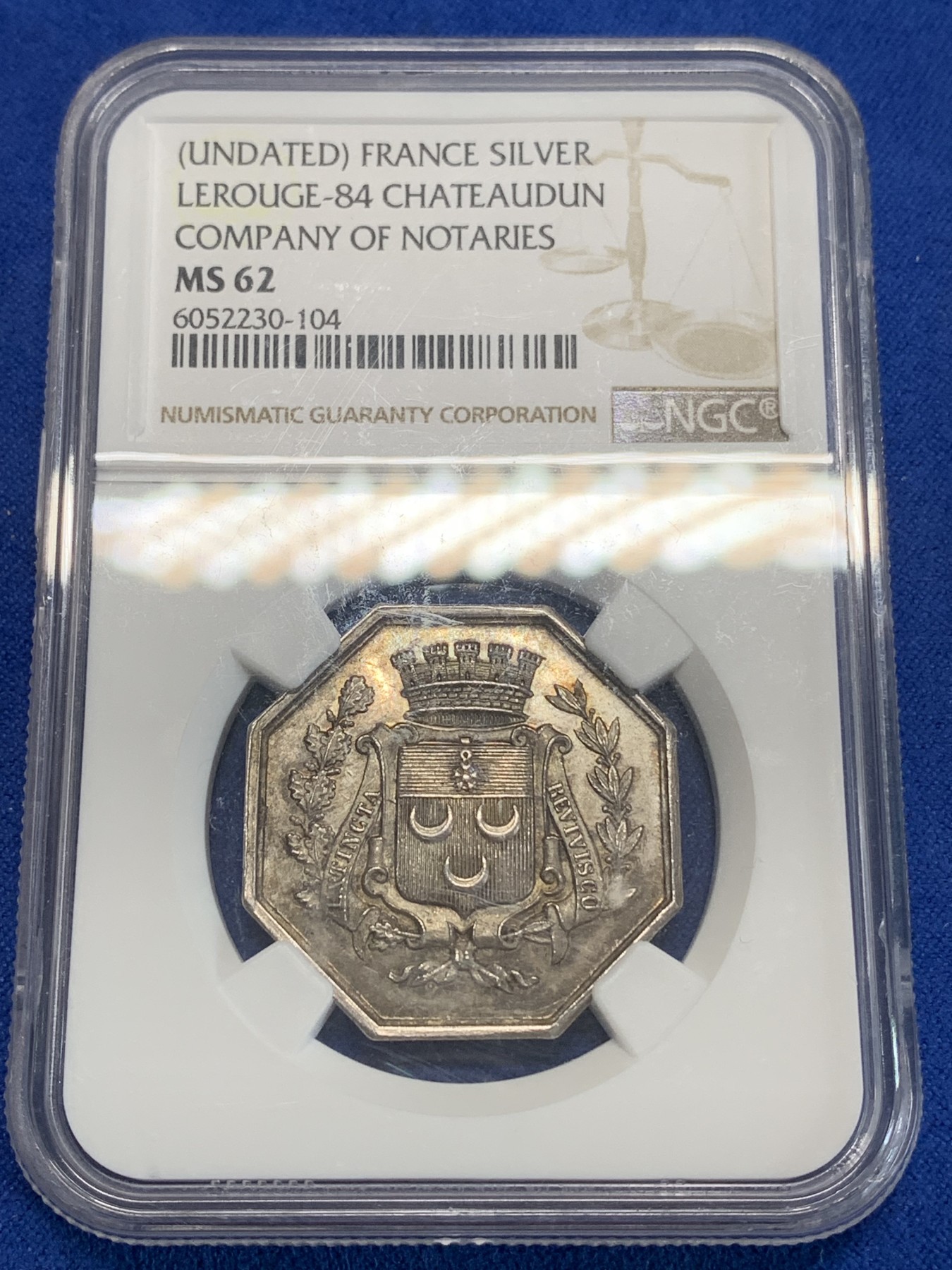 《竞宝斋》第222场-周日，周一 2场 (全场包邮) NGC MS62 法国公证人公司八角银质代币