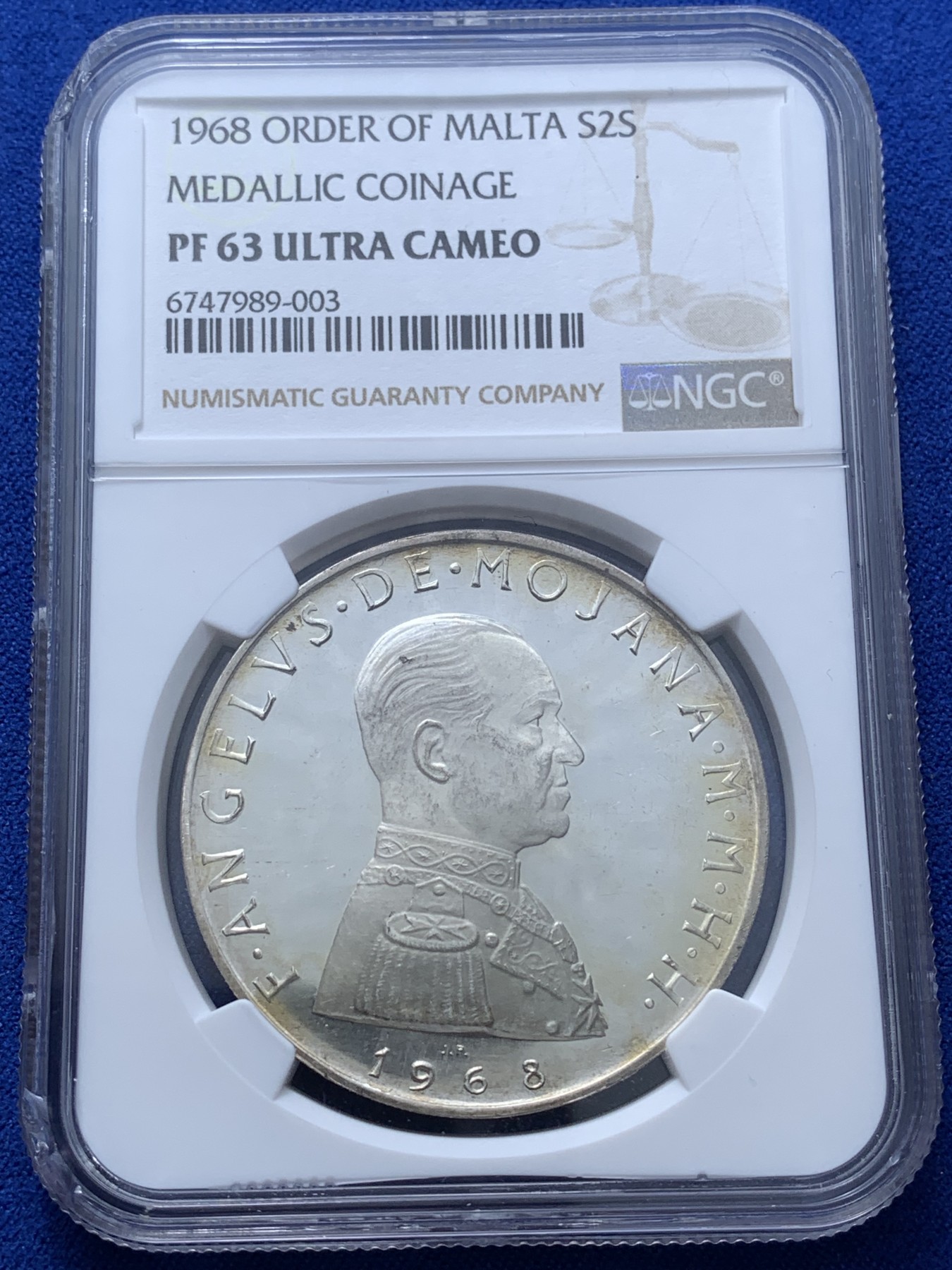《竞宝斋》第222场-周日，周一 2场 (全场包邮) NGC PF63UC 马尔他1968年精制银币，稀有凭证，季军分，更高分仅2枚，盒子角上有磕，见图。