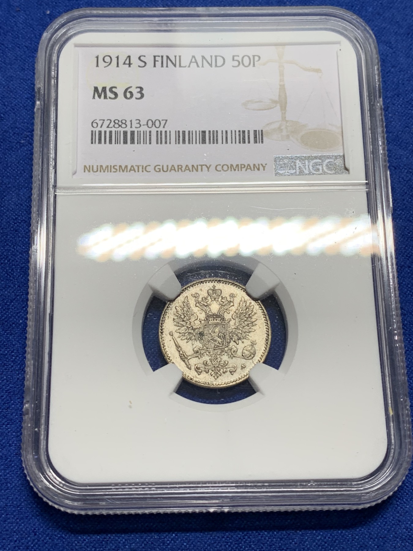 《竞宝斋》第222场-周日，周一 2场 (全场包邮) NGC-MS63 俄占芬兰1914年 双头鹰50P银币