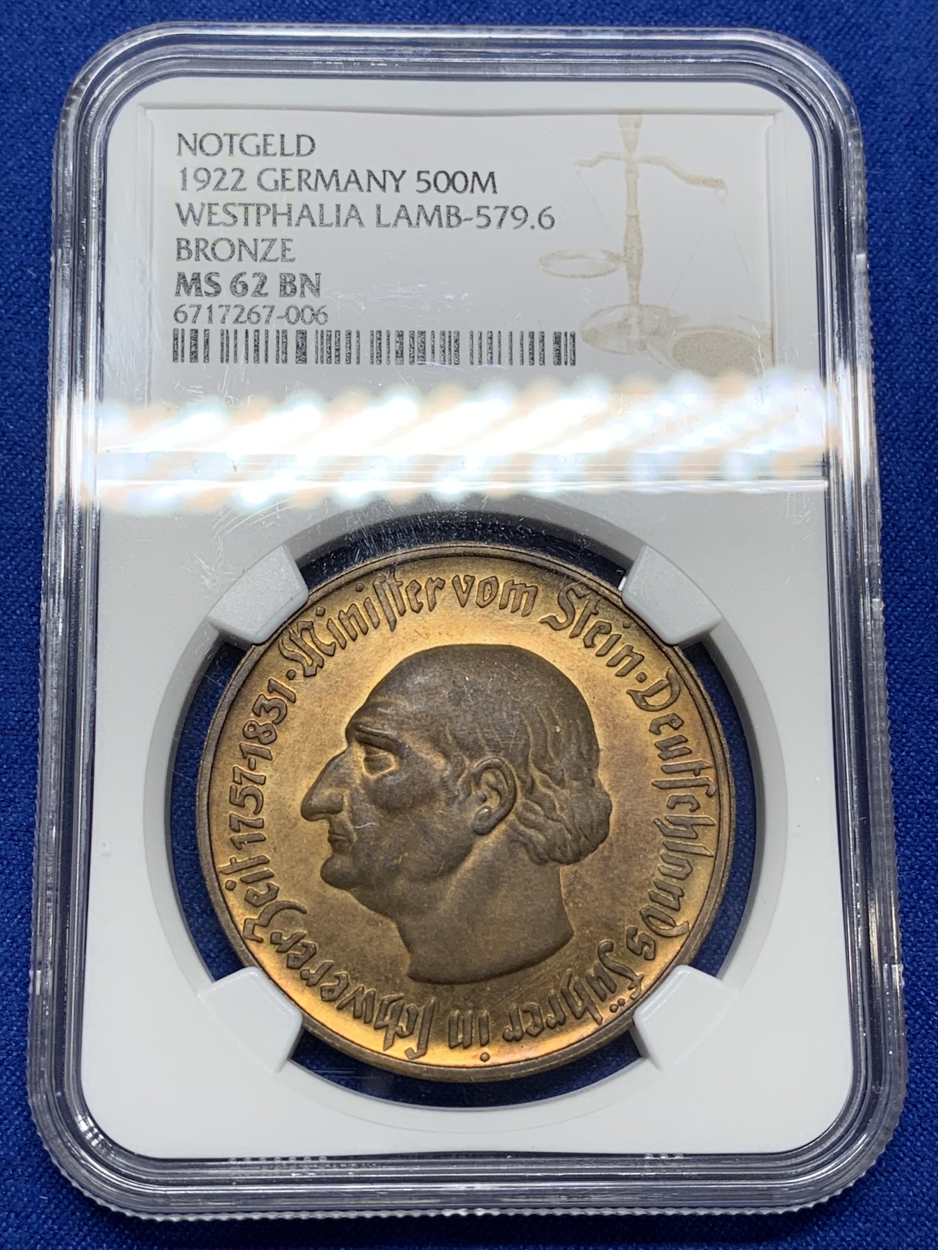 《竞宝斋》第222场-周日，周一 2场 (全场包邮) NGC MS62BN 德国威斯特伐利亚1922年500马克大马币铜币