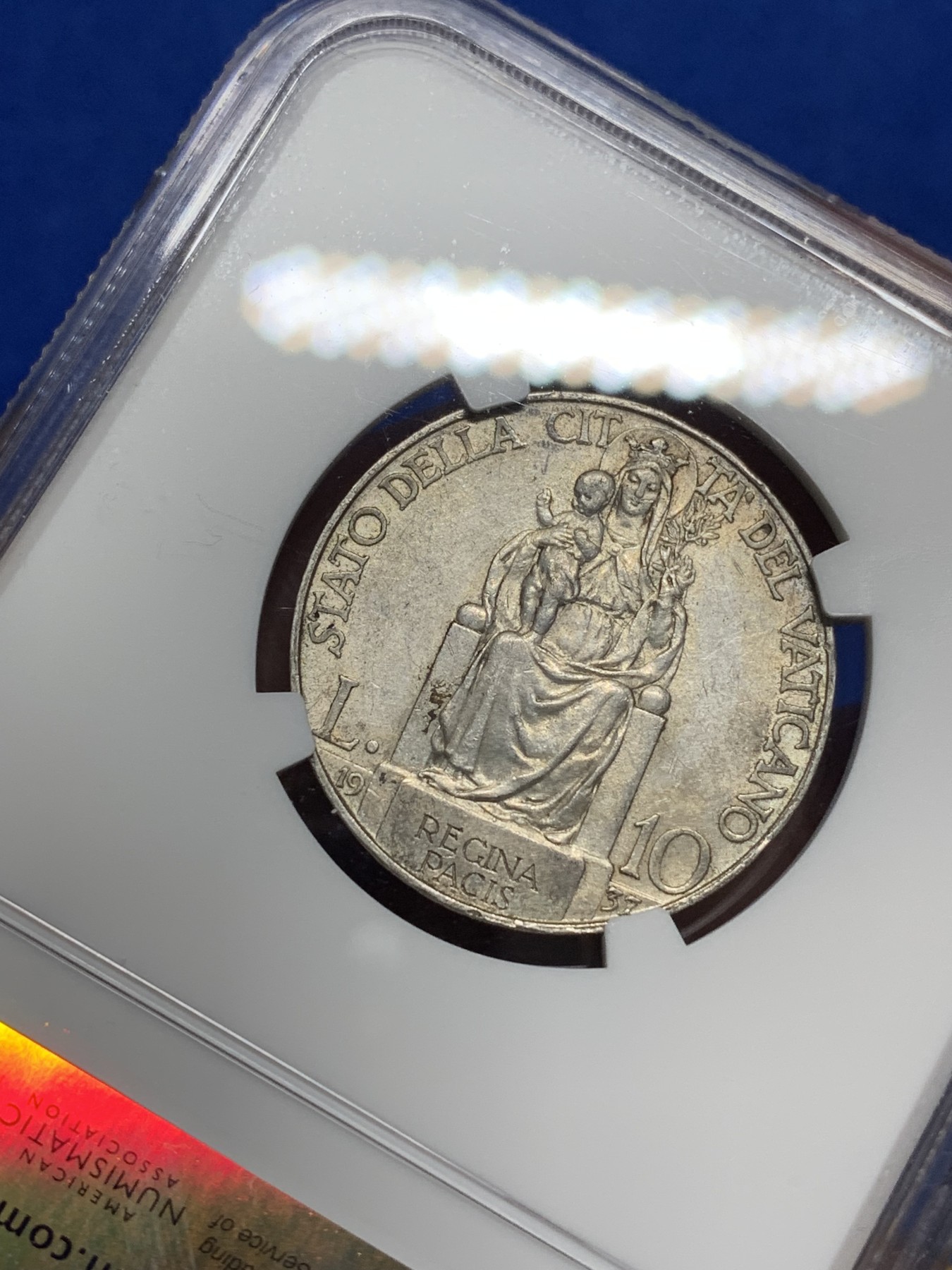 《竞宝斋》第222场-周日，周一 2场 (全场包邮) NGC-AU58 梵蒂冈 1937年 教皇庇护十一世 10里拉银币