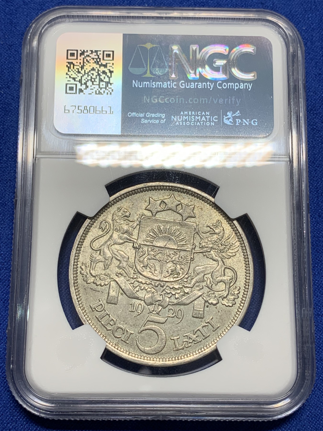 《竞宝斋》第222场-周日，周一 2场 (全场包邮) NGC-MS62 拉脱维亚1929年5拉特大银币，少见首年版，原汁原味老包浆。