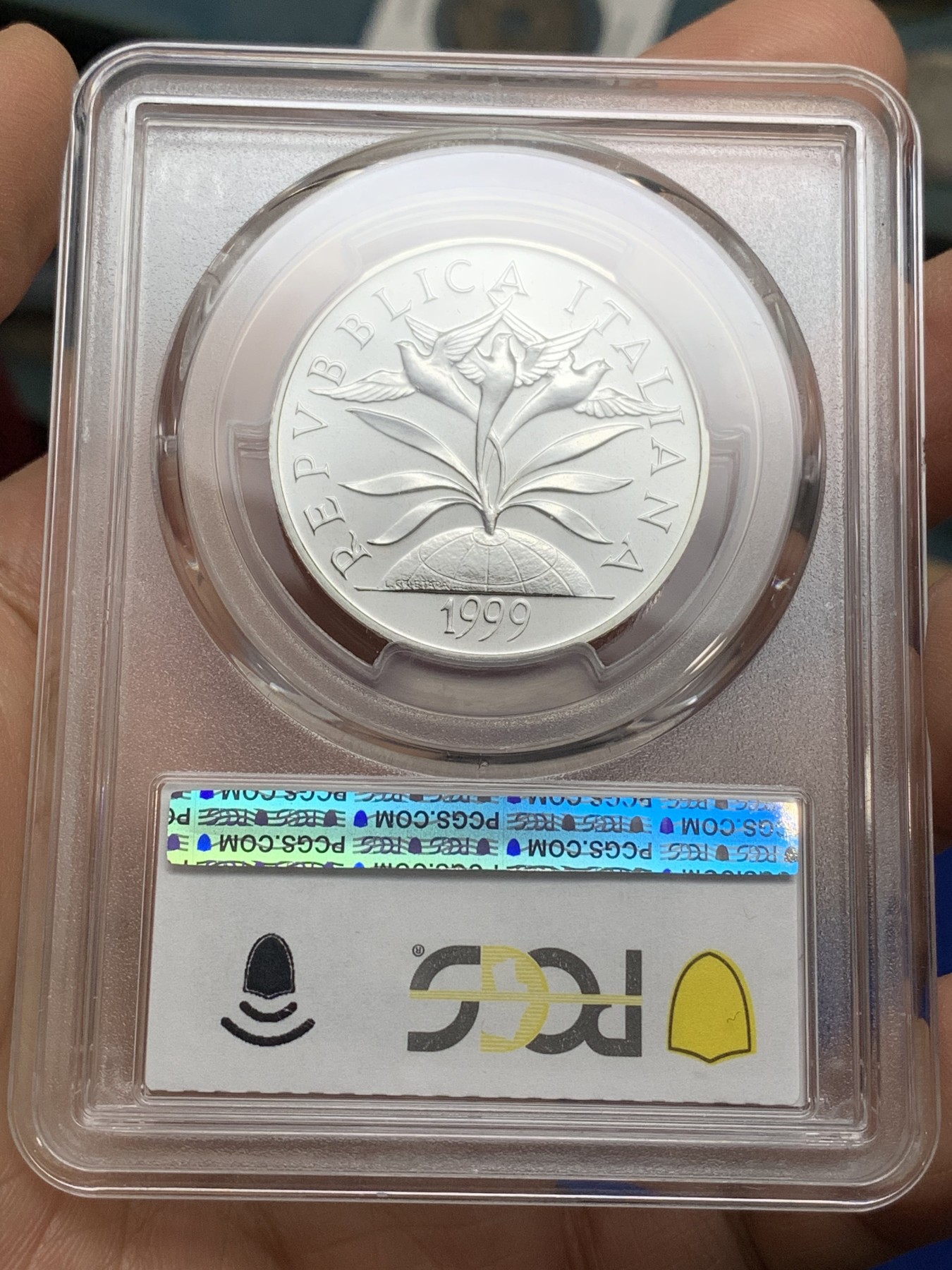 《竞宝斋》第222场-周日，周一 2场 (全场包邮) PCGS-MS66 意大利1999年迈向2000年5000里拉银币