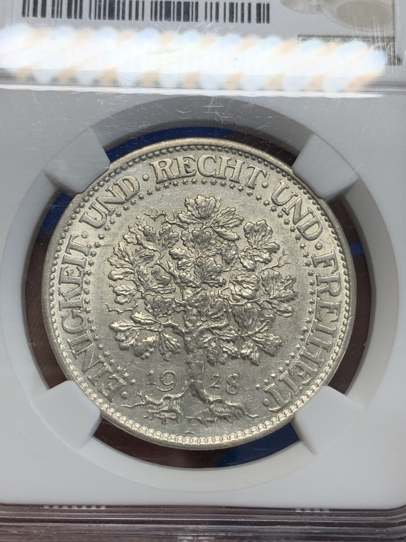 《竞宝斋》第222场-周日，周一 2场 (全场包邮) NGC UNC 德国魏玛 1928年F版 5马克橡树银币 双面转光 品相不错