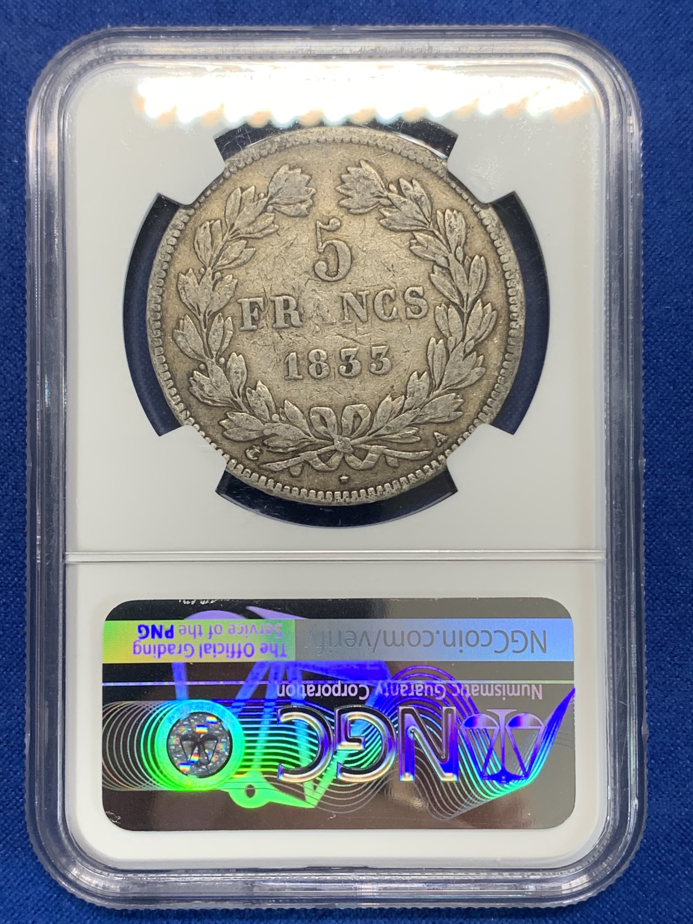 《竞宝斋》第222场-周日，周一 2场 (全场包邮) NGC VF35 法国1833A菲利普5法郎银币