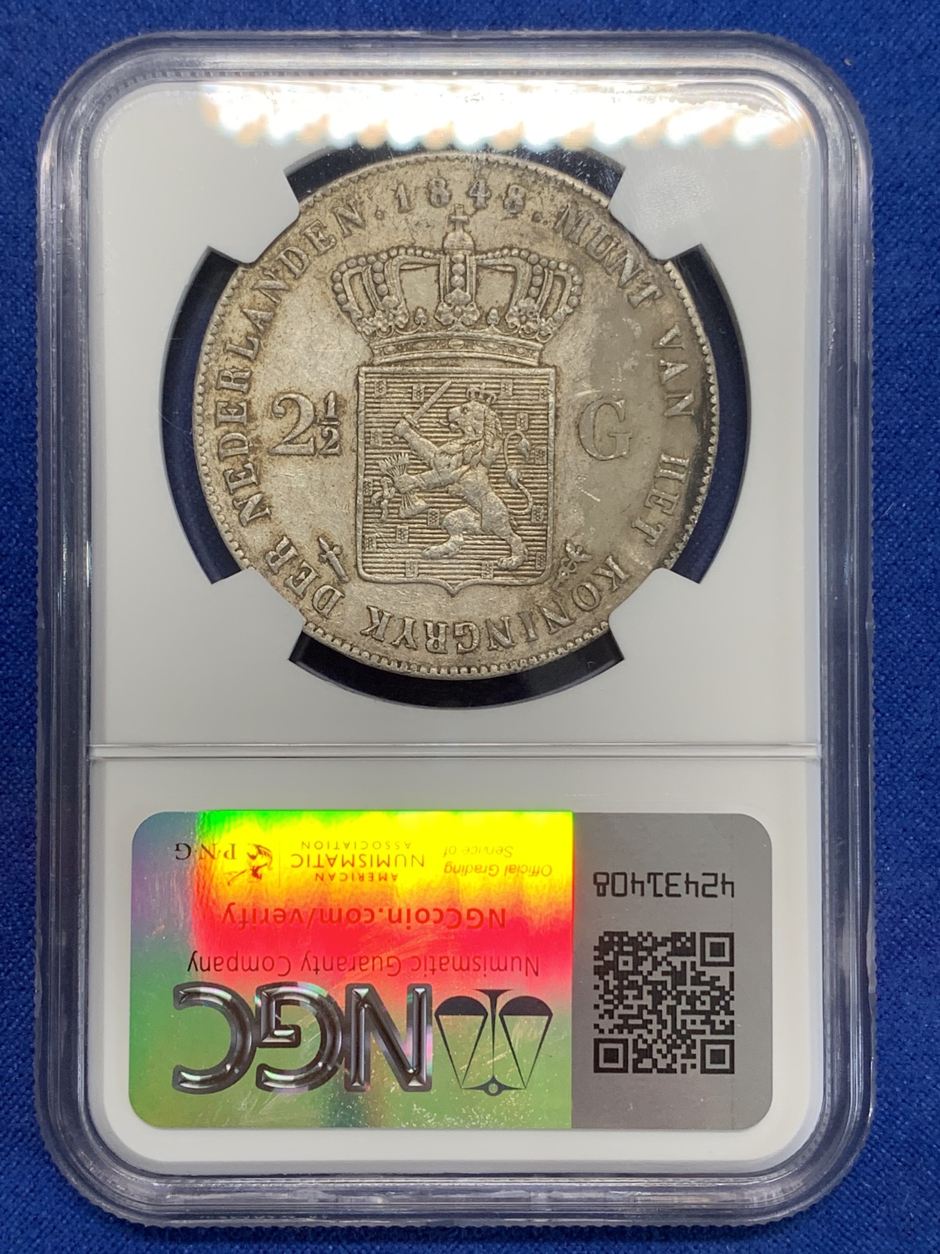《竞宝斋》第222场-周日，周一 2场 (全场包邮) NGC XFD 荷兰1848年威廉二世 2.5盾长脖子 大银币 少见好品 原味老包浆 945高银