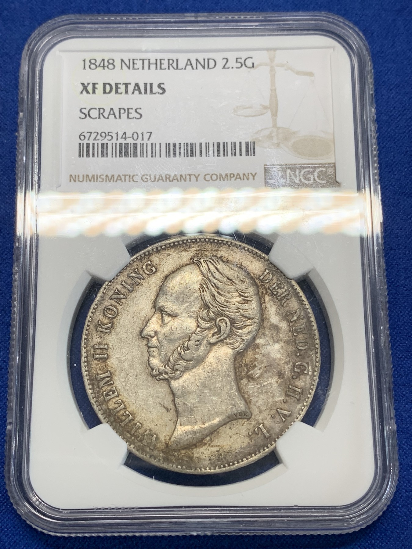 《竞宝斋》第222场-周日，周一 2场 (全场包邮) NGC XFD 荷兰1848年威廉二世 2.5盾长脖子 大银币 少见好品 原味老包浆 945高银