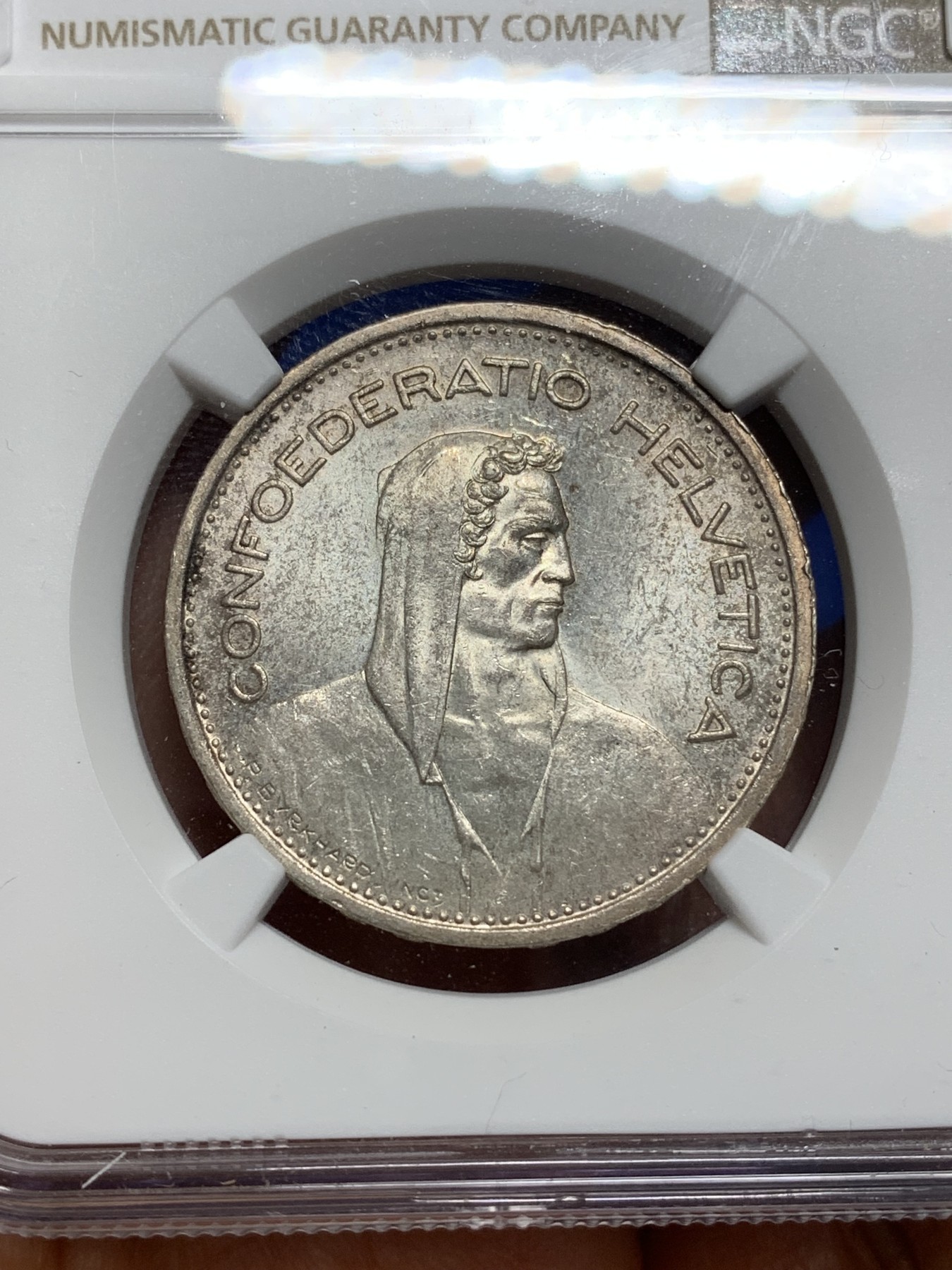 《竞宝斋》第222场-周日，周一 2场 (全场包邮) NGC MS63 瑞士1953年威廉泰尔5法郎银币