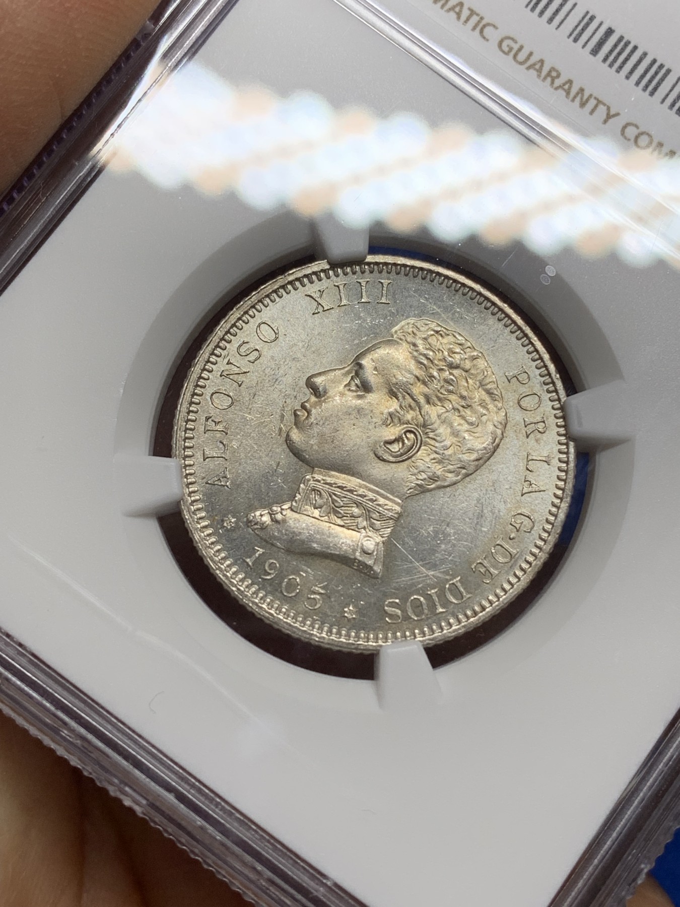 《竞宝斋》第222场-周日，周一 2场 (全场包邮) NGC-MS61 西班牙1905阿方索十三世2比塞塔银币