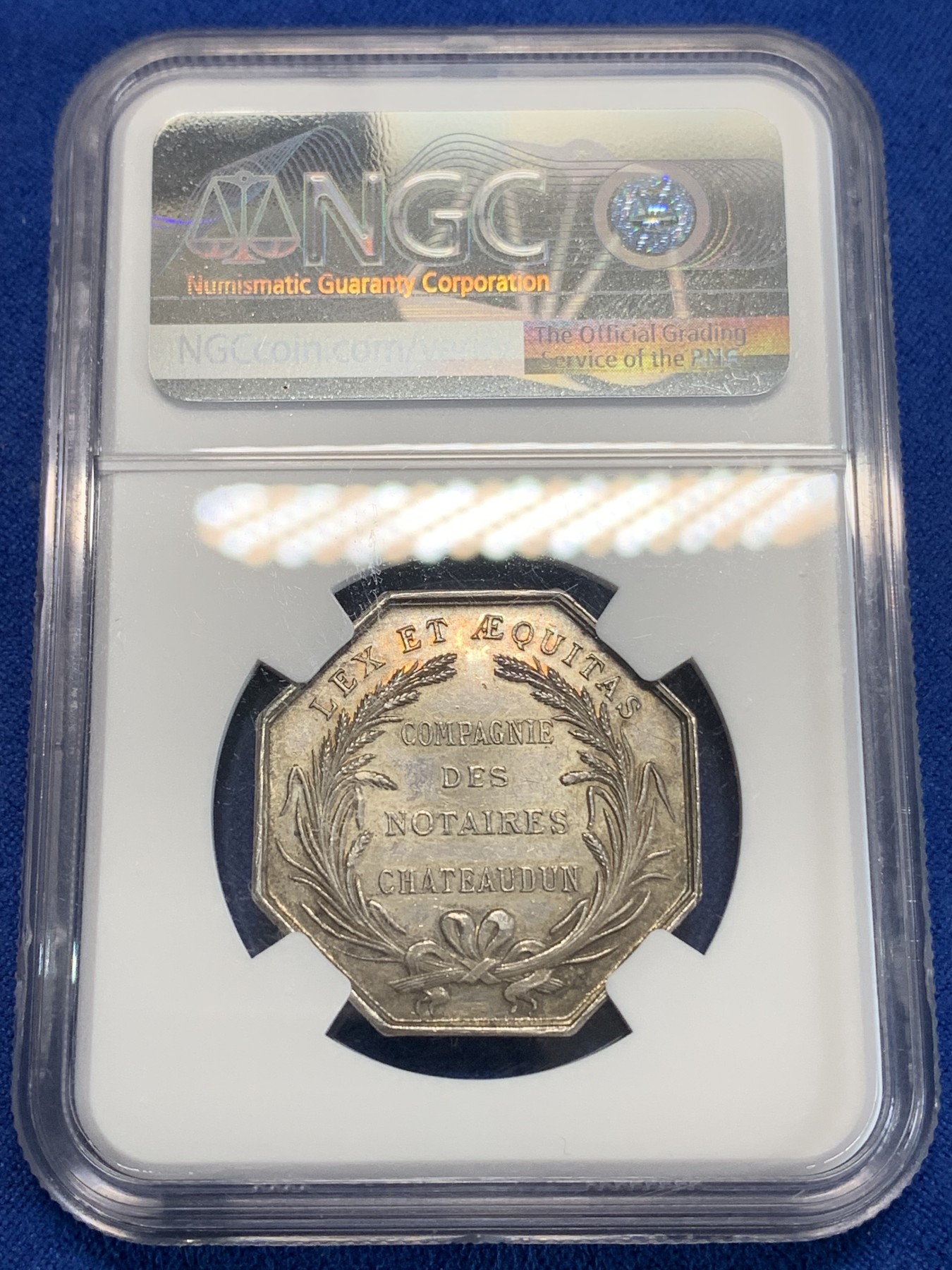 《竞宝斋》第222场-周日，周一 2场 (全场包邮) NGC MS62 法国公证人公司八角银质代币